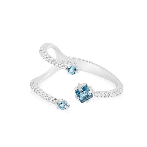 Anel Ouro Branco 18k com Diamantes e Topázio Azul