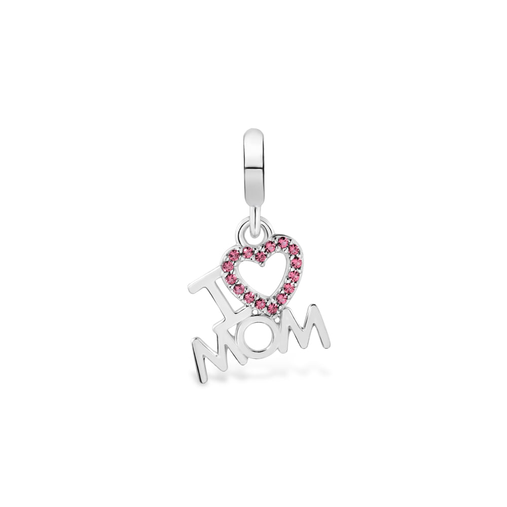 Pingente Life I Love Mom em Prata 925 com Pedras Pink