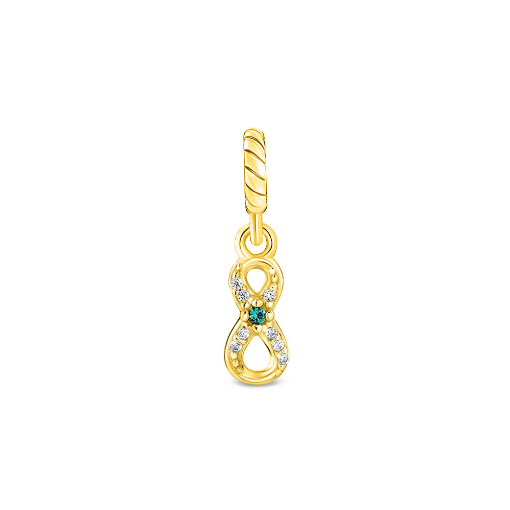 Pingente Life Patuás III Infinito em Prata 925 com Banho de Ouro Amarelo 18k, Pedras Verdes e Incolores