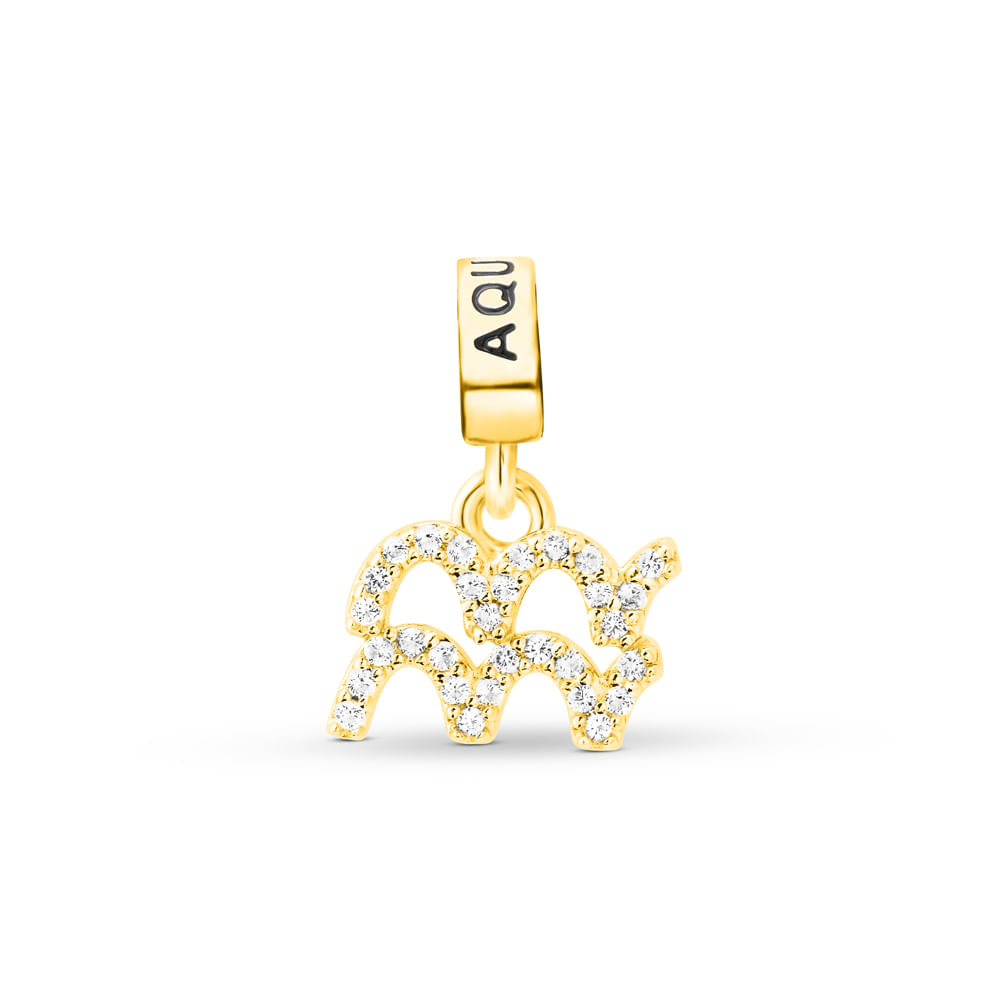 Pingente Life Signo Aquário em Prata 925 com Banho de Ouro Amarelo 18k e Pedras Incolores