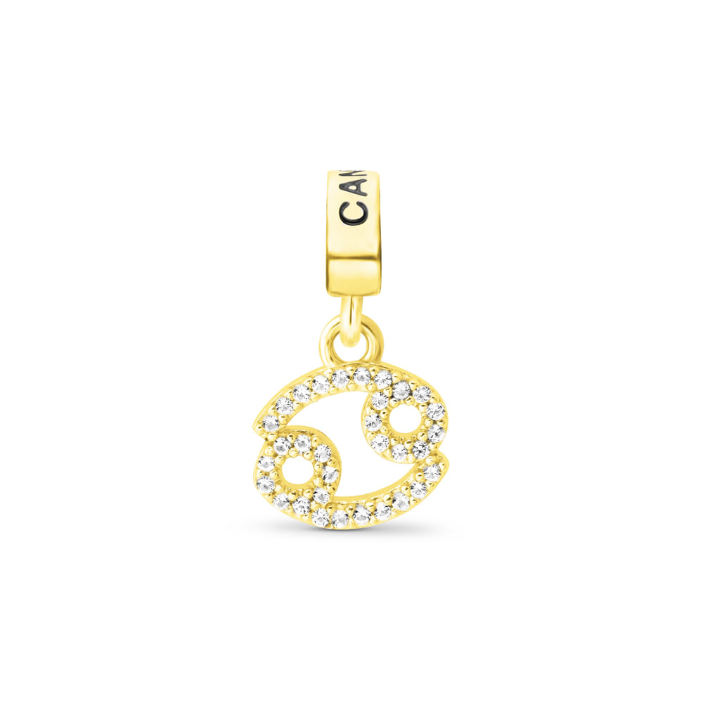 Pingente Life Signo Câncer em Prata 925 com Banho de Ouro Amarelo 18k e Pedras Incolores