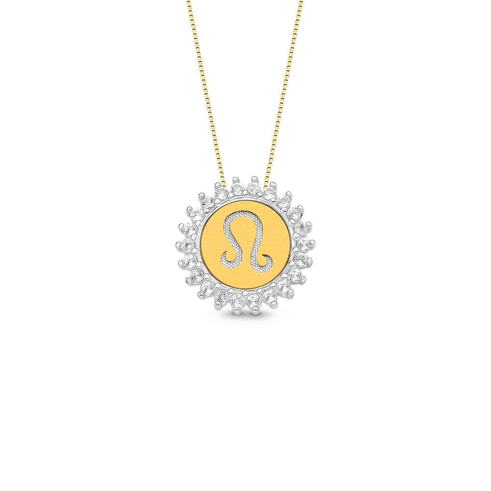 Pingente Medalha Signo Leão em Prata 925 e Ouro Amarelo 18k com Topázios Incolores, 15.4mm