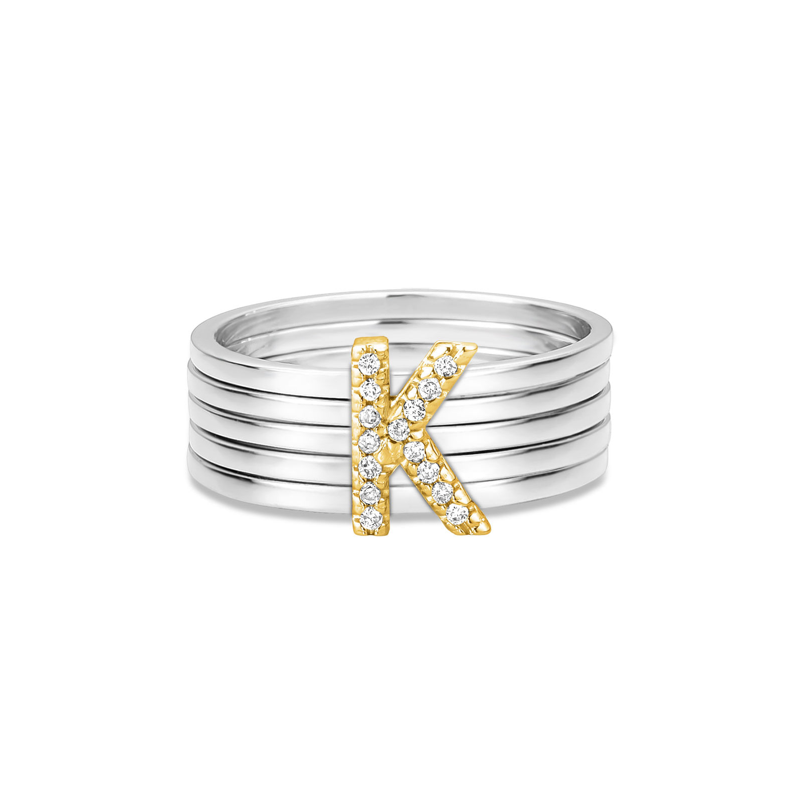 Anel Letra K em Prata 925 e Ouro Amarelo 18k com Diamantes 0,06 ct