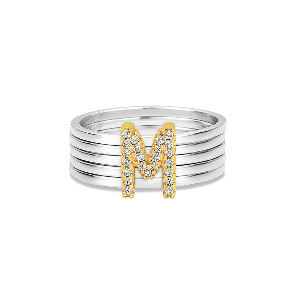 Anel Letra M em Prata 925 com Ouro Amarelo 18k e Diamantes
