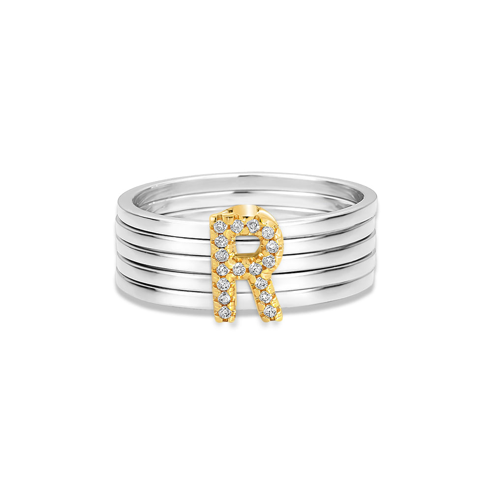 Anel Letra R em Prata 925 e Ouro Amarelo 18k com Diamantes