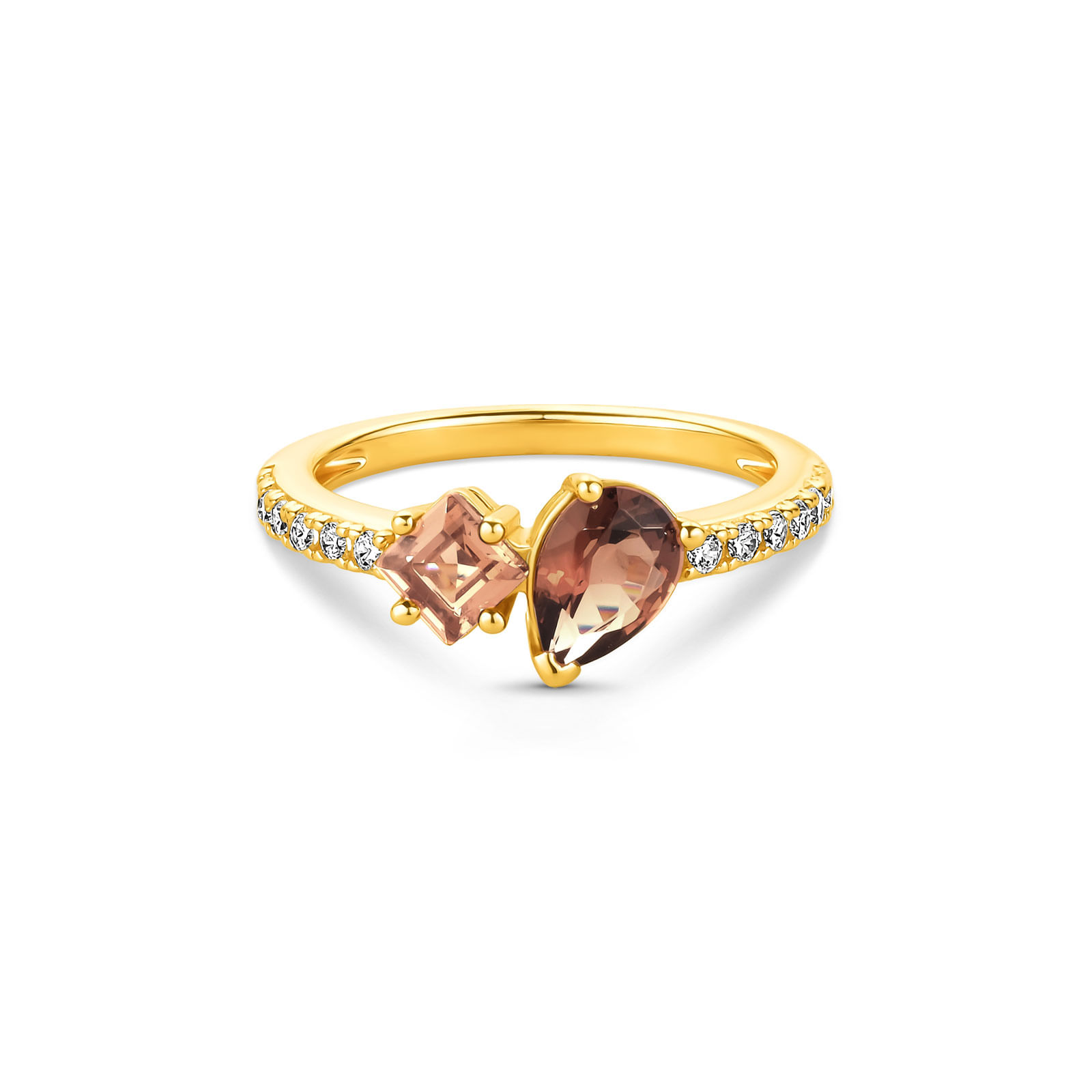 Anel Life Mocha em Prata 925 com Banho de Ouro Amarelo 18k, Pedras Marrons e Incolores