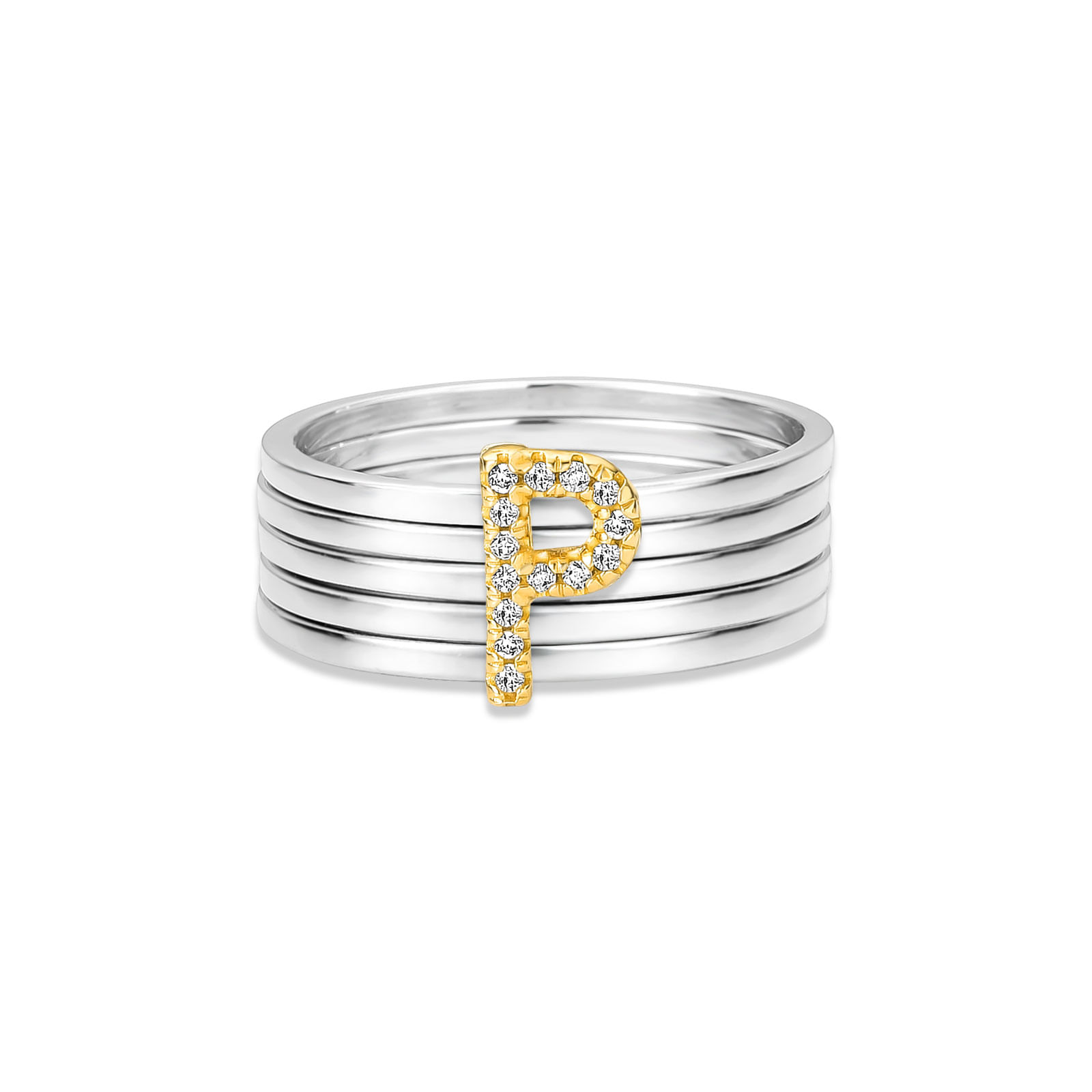 Anel Letra P em Prata 925 e Ouro Amarelo 18k com Diamantes 0,06 ct
