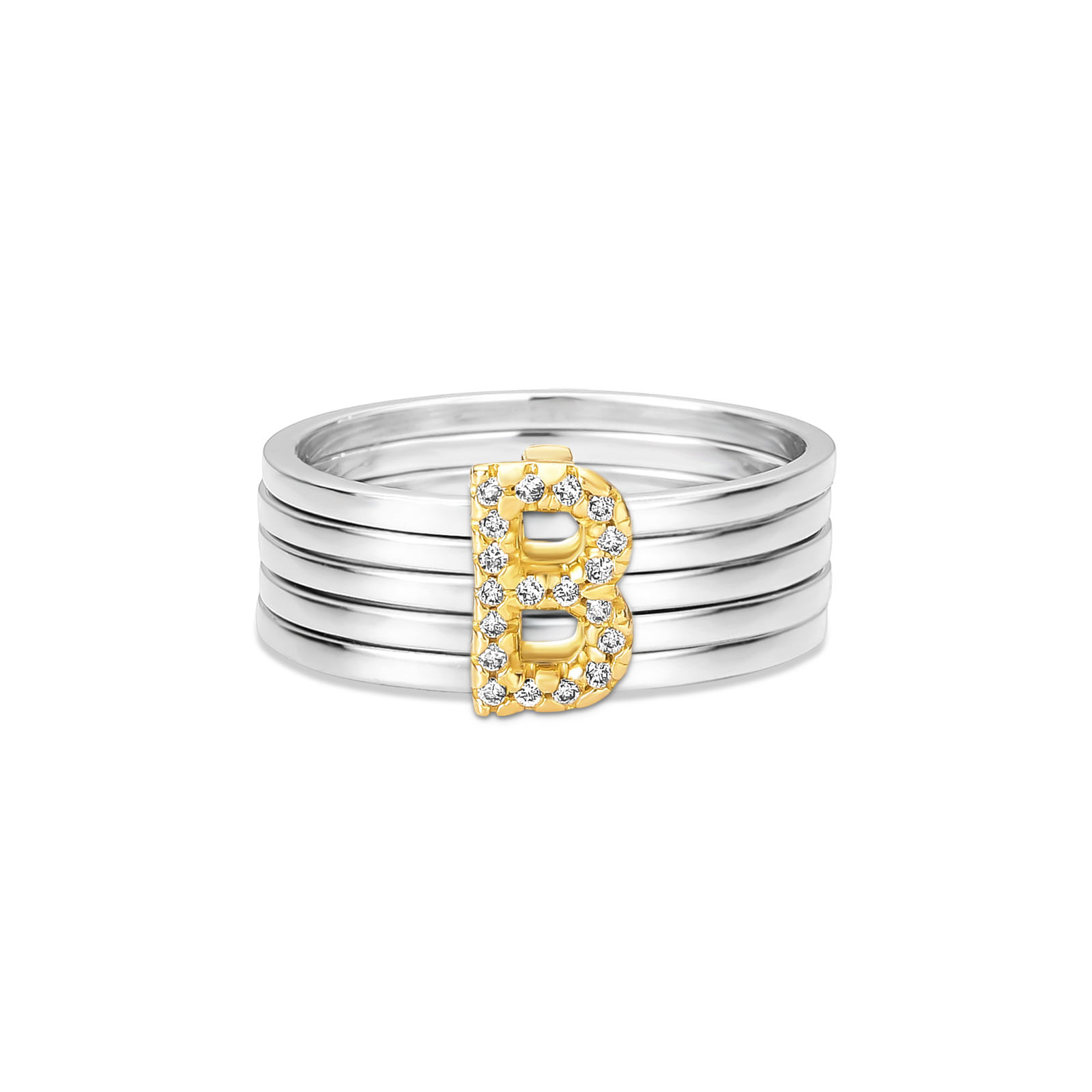 Anel Letra B em Prata 925 e Ouro Amarelo 18k com Diamantes 0,08 ct