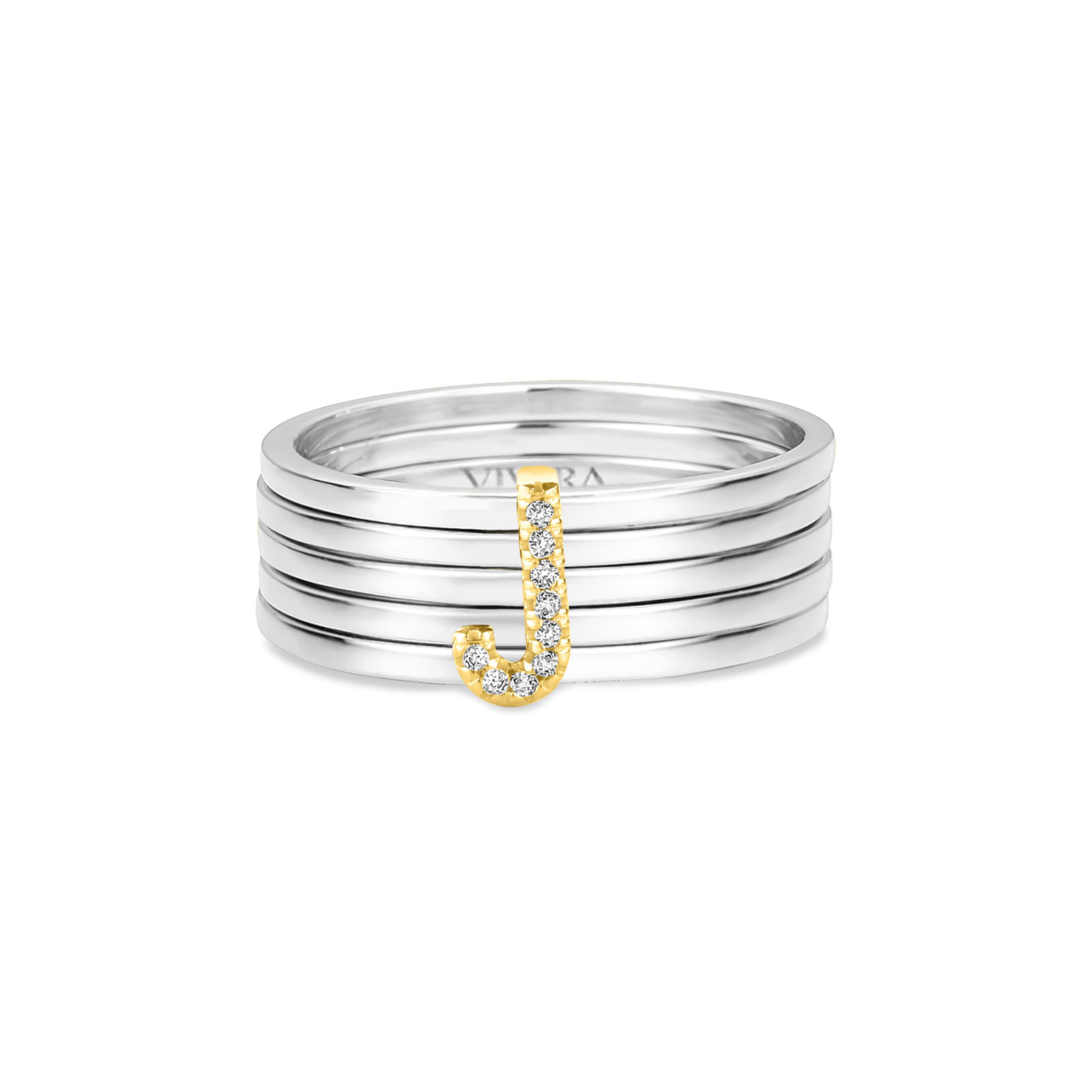 Anel Letra J em Prata 925 e Ouro Amarelo 18k com Diamantes 0,04 ct