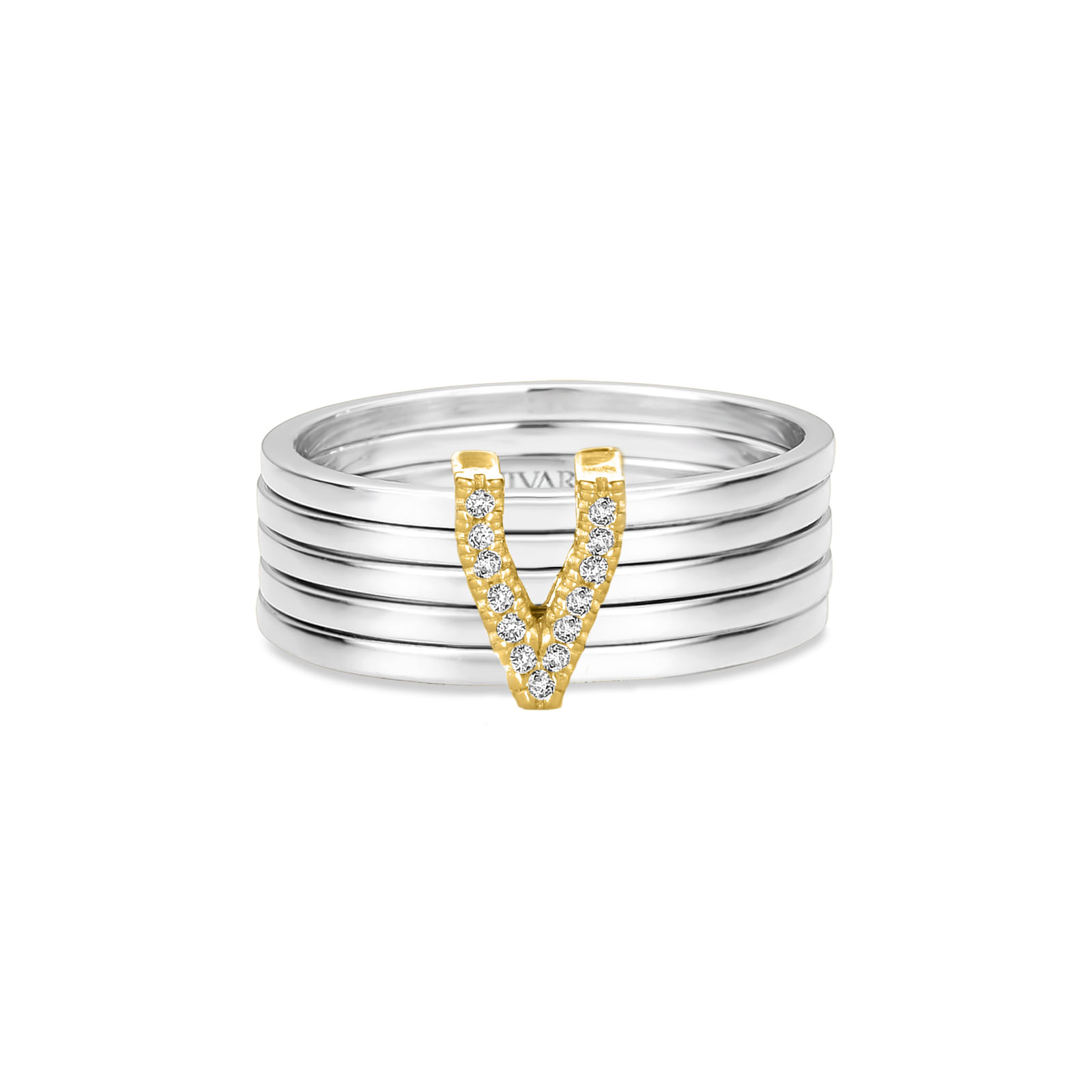 Anel Letra V em Prata 925 e Ouro Amarelo 18k com Diamantes 0,05 ct