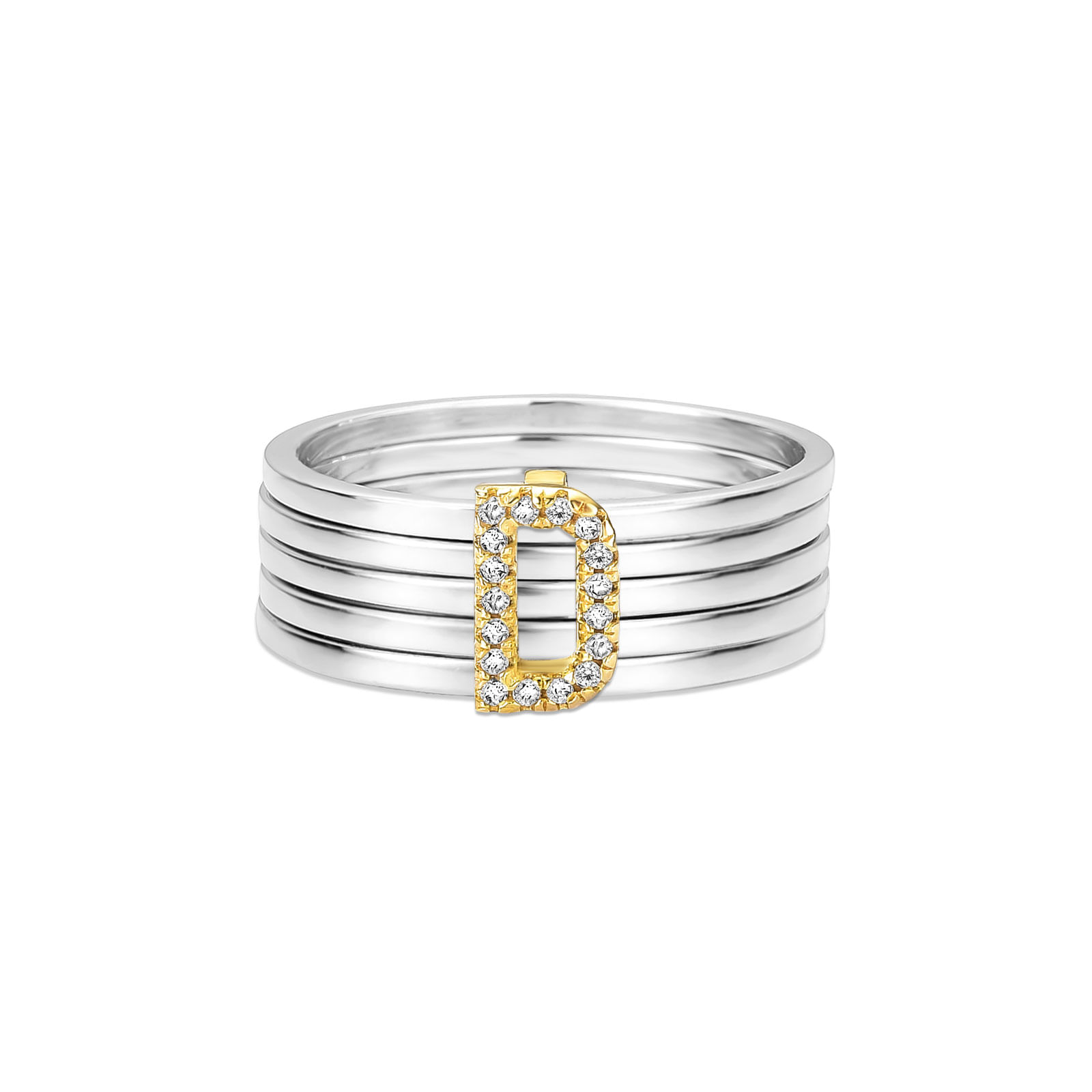 Anel Letra D em Prata 925 e Ouro Amarelo 18k com Diamantes 0,07 ct