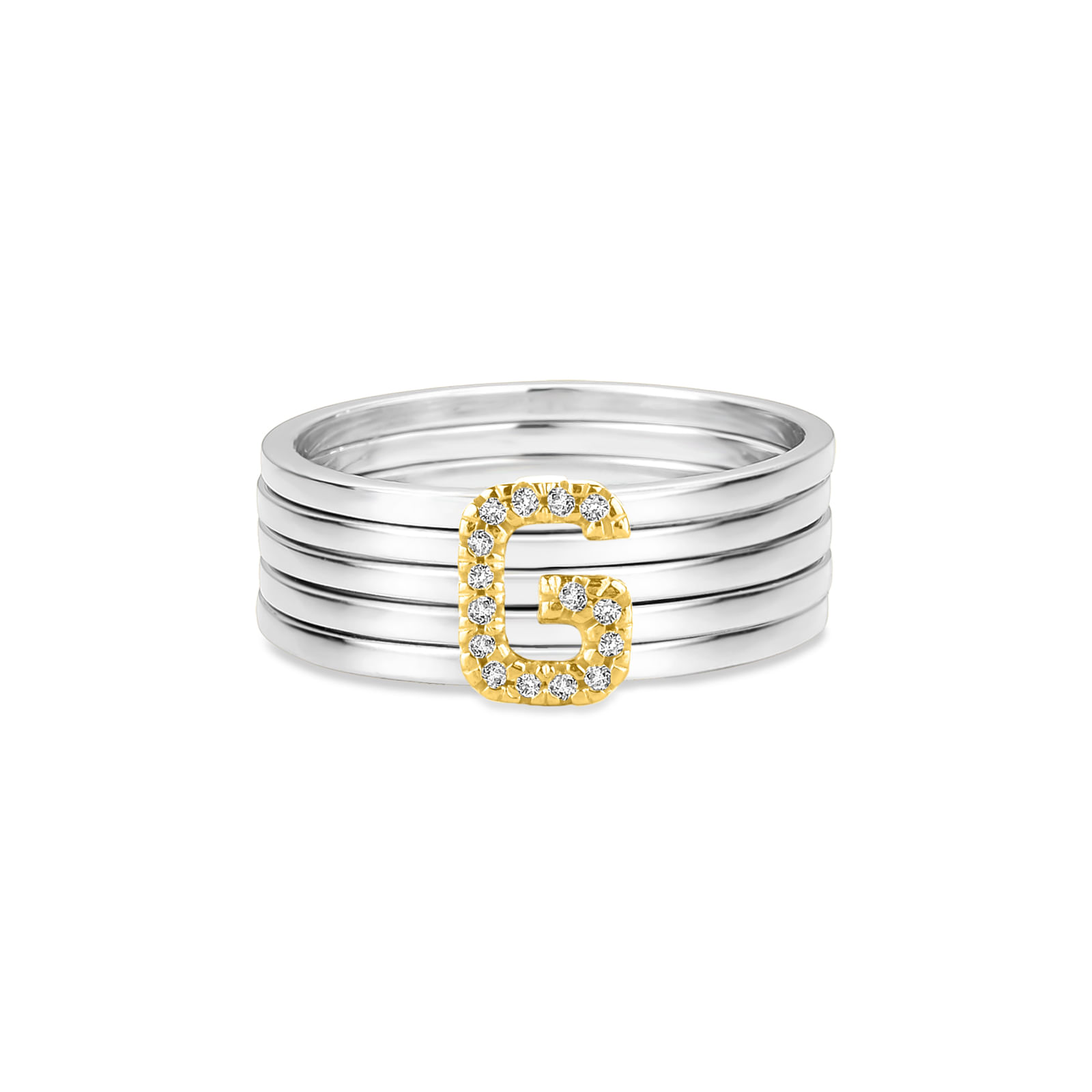 Anel Letra G em Prata 925 e Ouro Amarelo 18k com Diamantes 0,04 ct