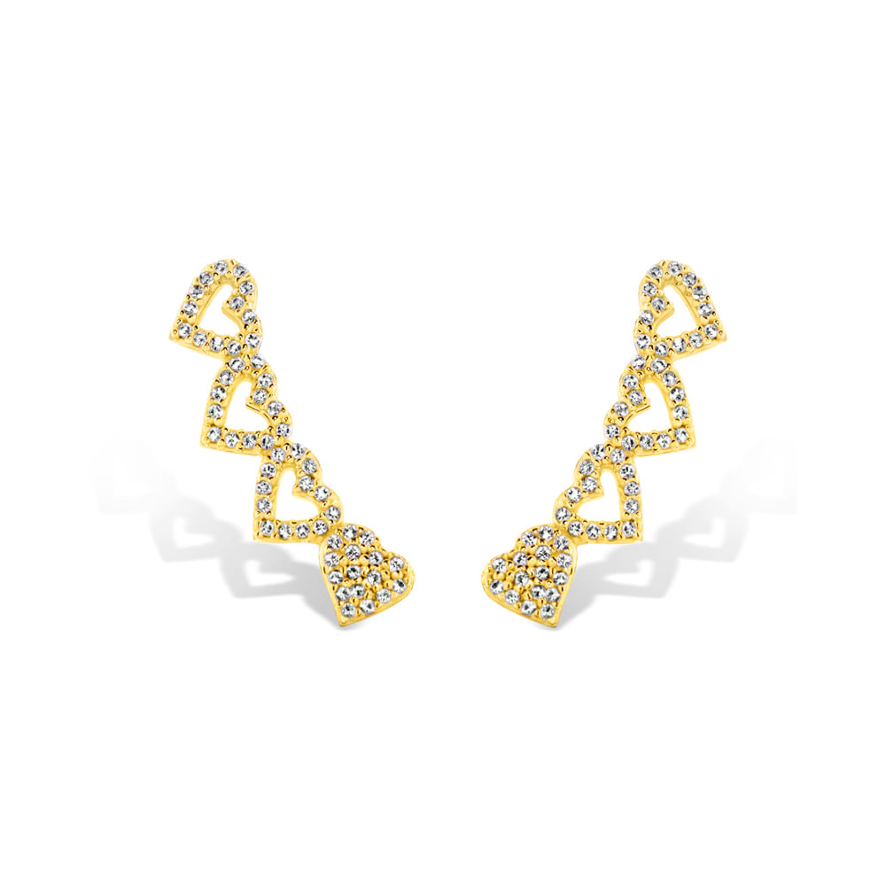 Brinco Ear Cuff Life Coração em Prata 925 com Banho de Ouro Amarelo 18k e Pedras Incolores