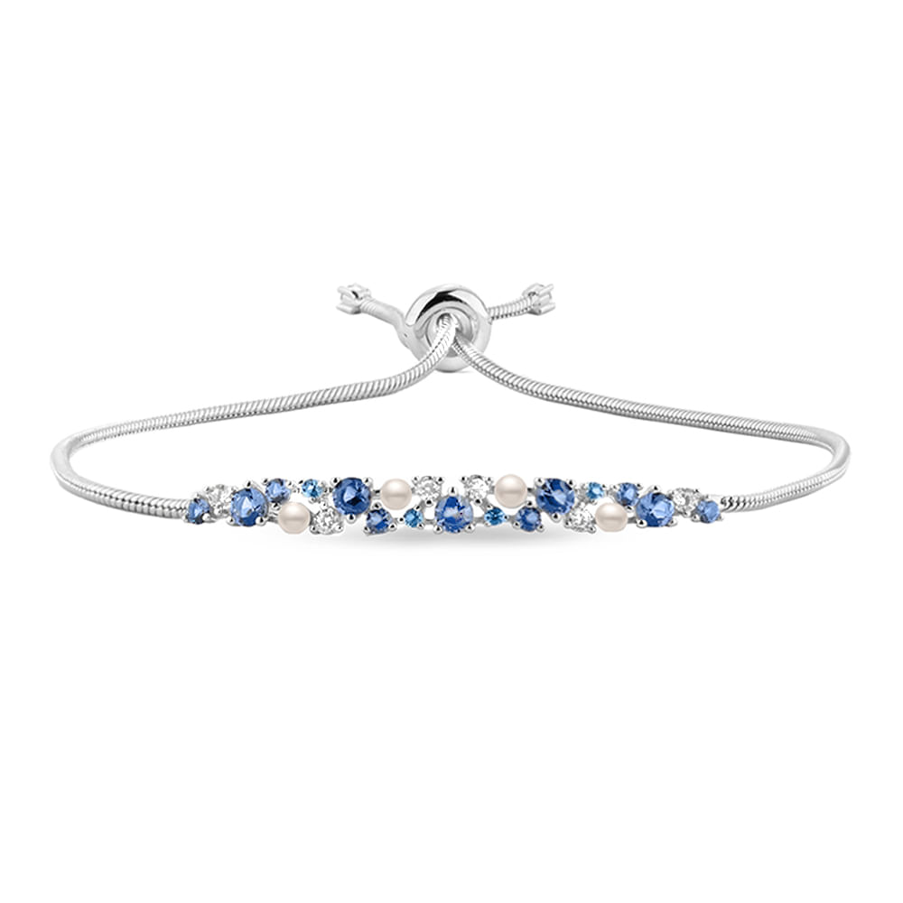 Pulseira Life Pacific em Prata 925 com Pedras Azuis, Incolores e Esferas Peroladas