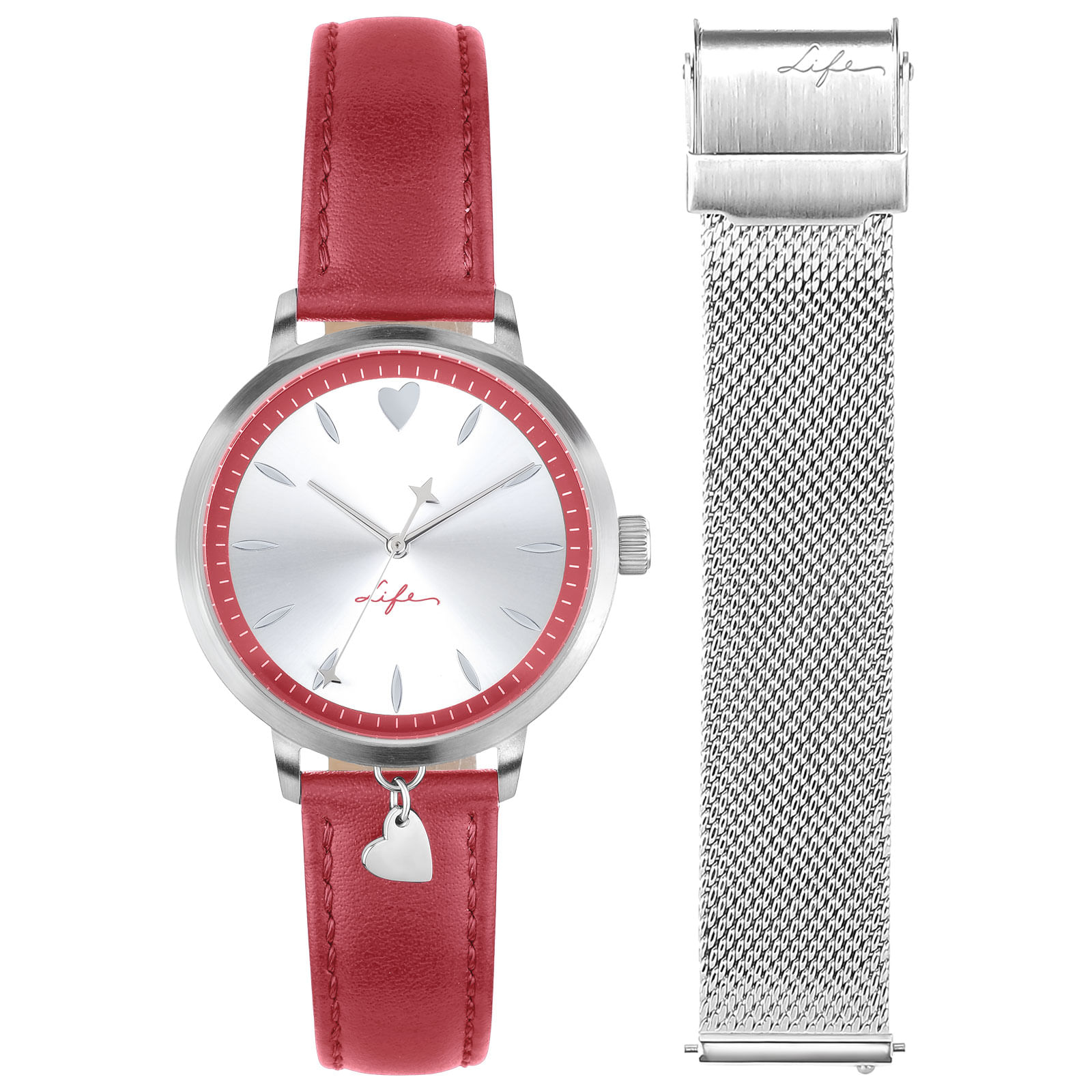 Relógio Life Lovely Feminino Couro e Aço Vermelho