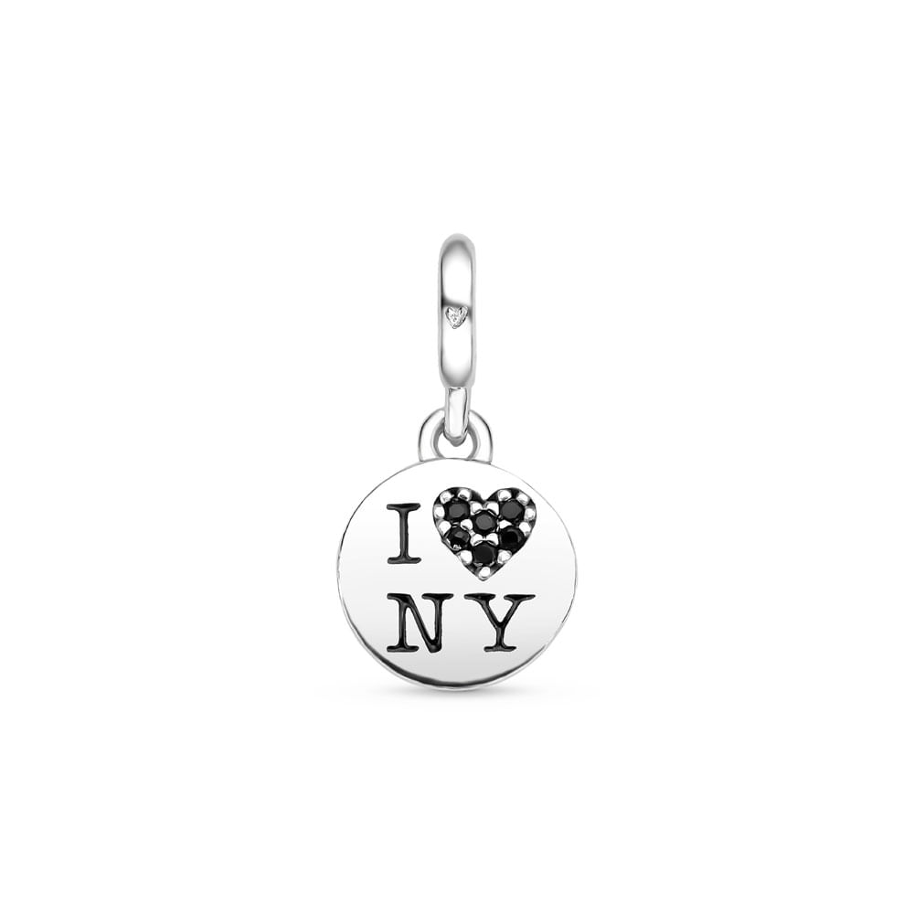 Pingente Life Viagem I Love NY em Prata 925 com Esmalte e Pedras Pretas