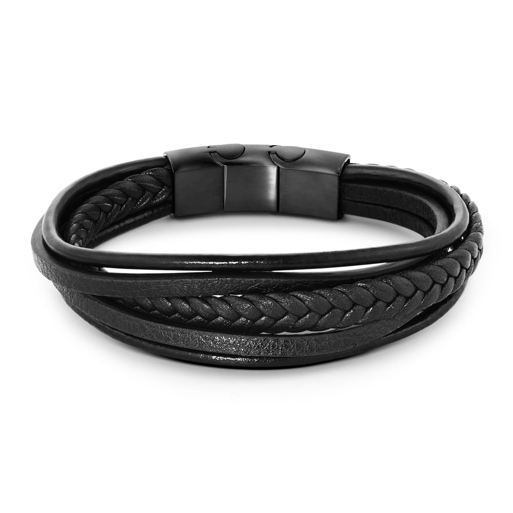 Pulseira Life Trançada em Couro Preto com Aço