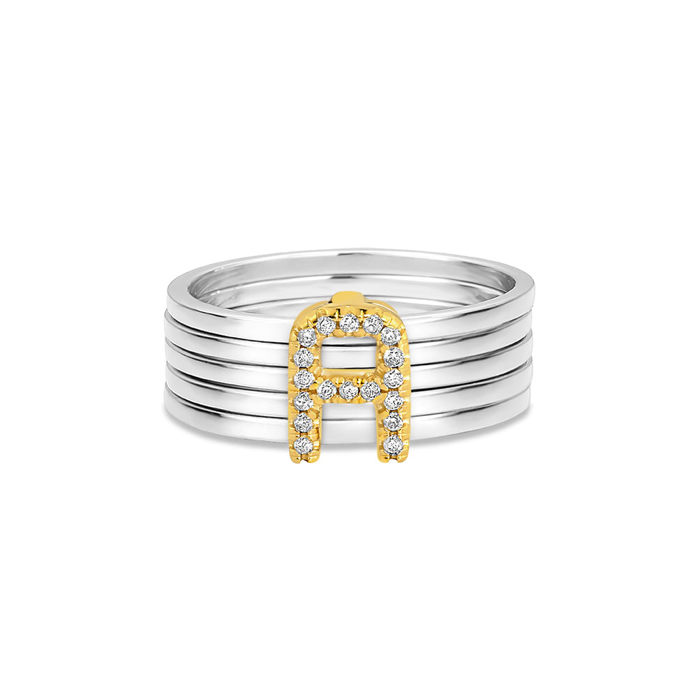 Anel Letra A em Prata 925 e Ouro Amarelo 18k com Diamantes