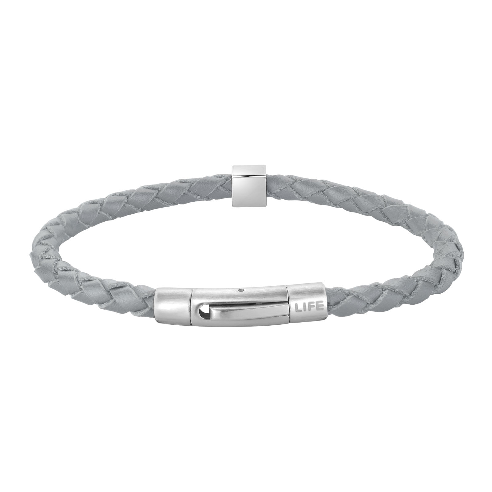 Pulseira Life Masculino VI em Aço com Couro Cinza Trançado