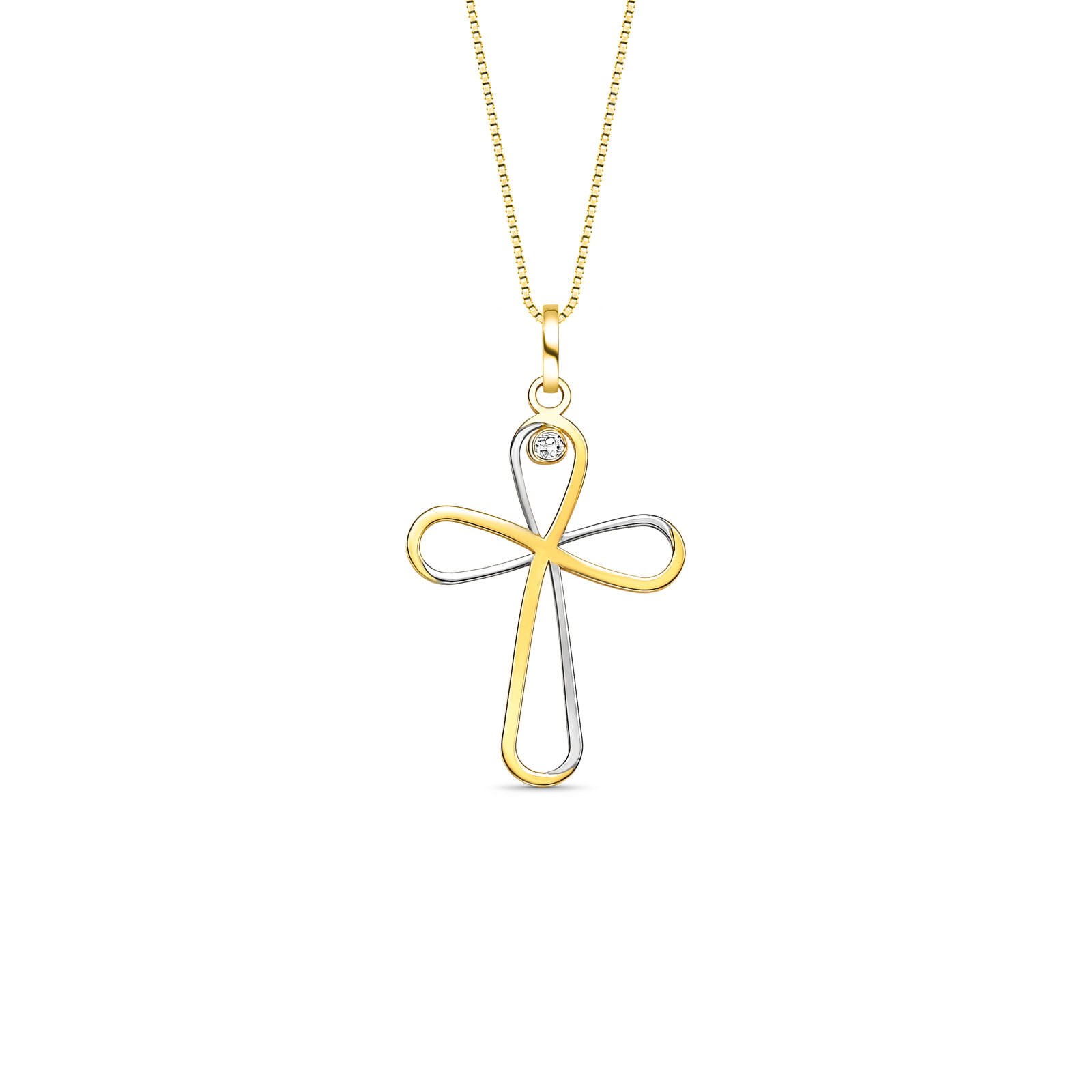 Pingente Cruz Infinito em Ouro Amarelo 18k com Safira Incolor