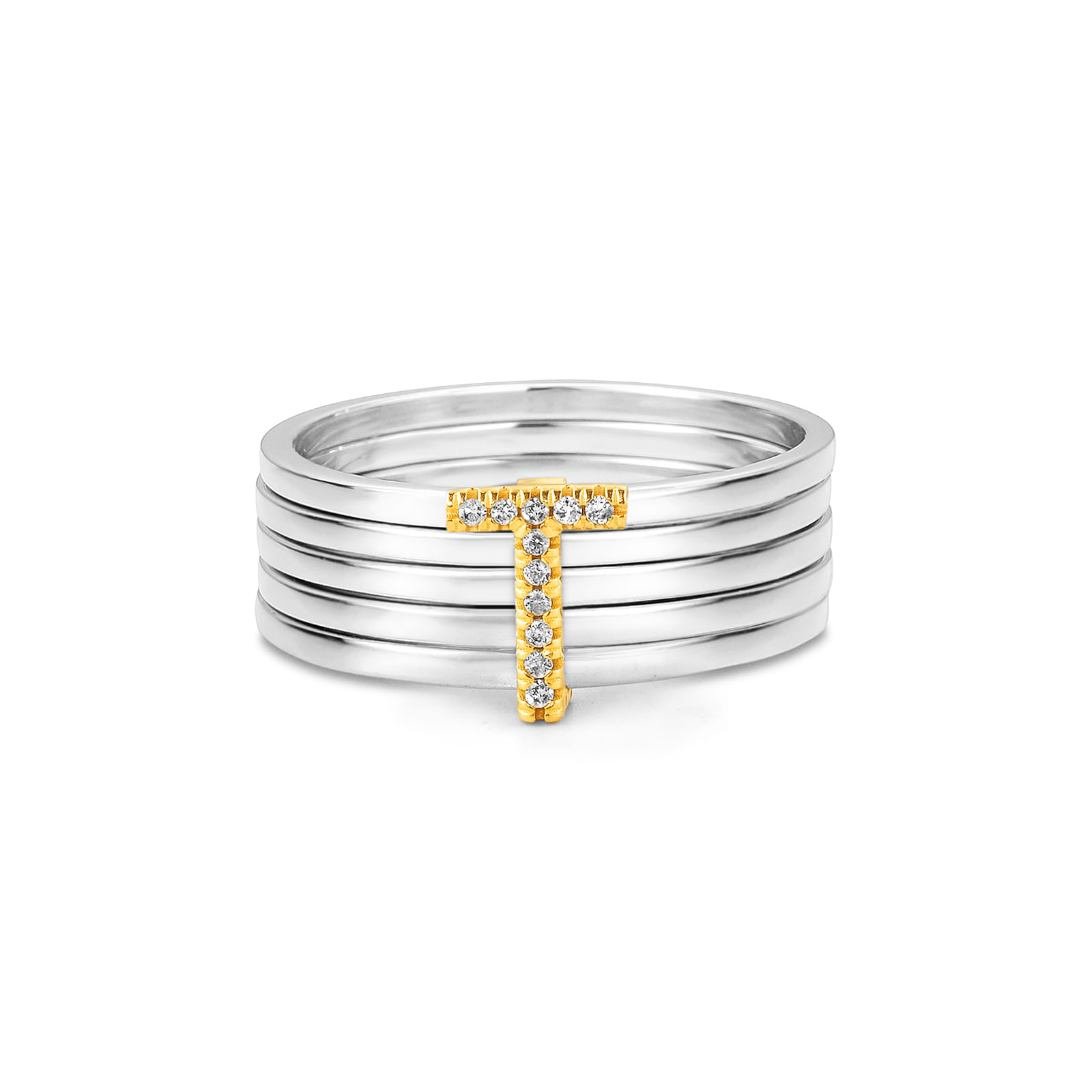 Anel Letra T em Prata 925 e Ouro Amarelo 18k com Diamante 0,04 ct