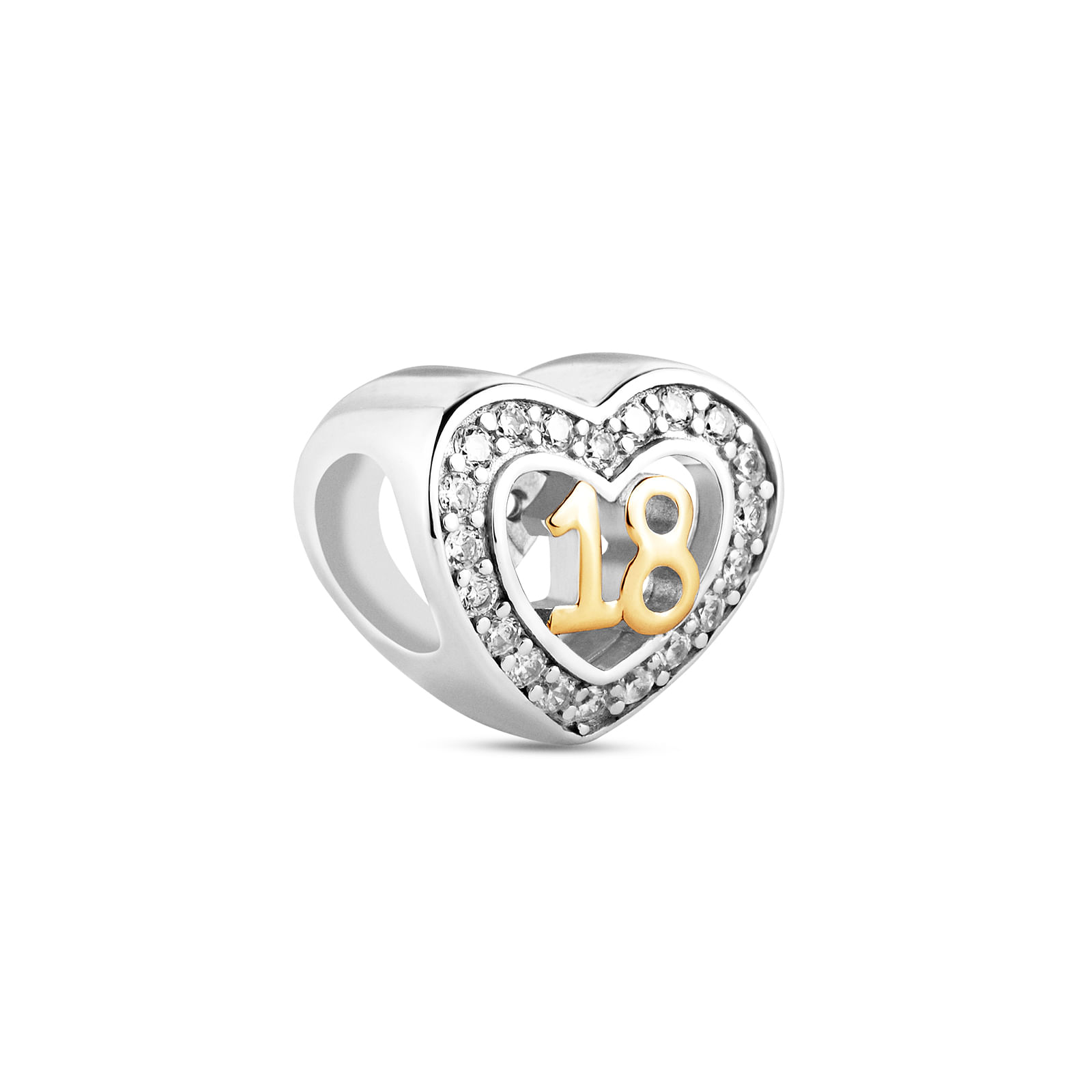 Pingente Life Teen Coração 18 em Prata 925 e Banho de Ouro Amarelo 18k com Pedras Incolores