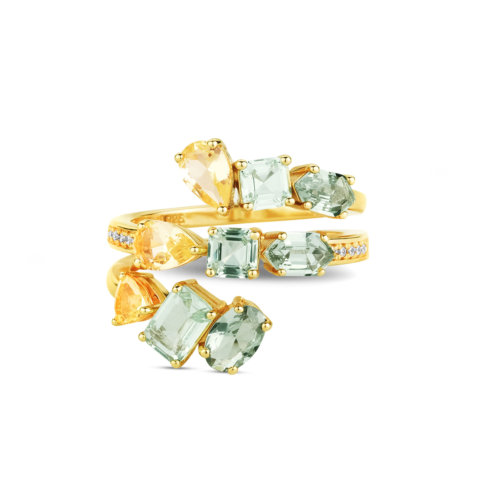 Anel Life Bellini em Prata 925 com Banho de Ouro Amarelo 18k, Pedras Verdes, Amarelas e Incolores