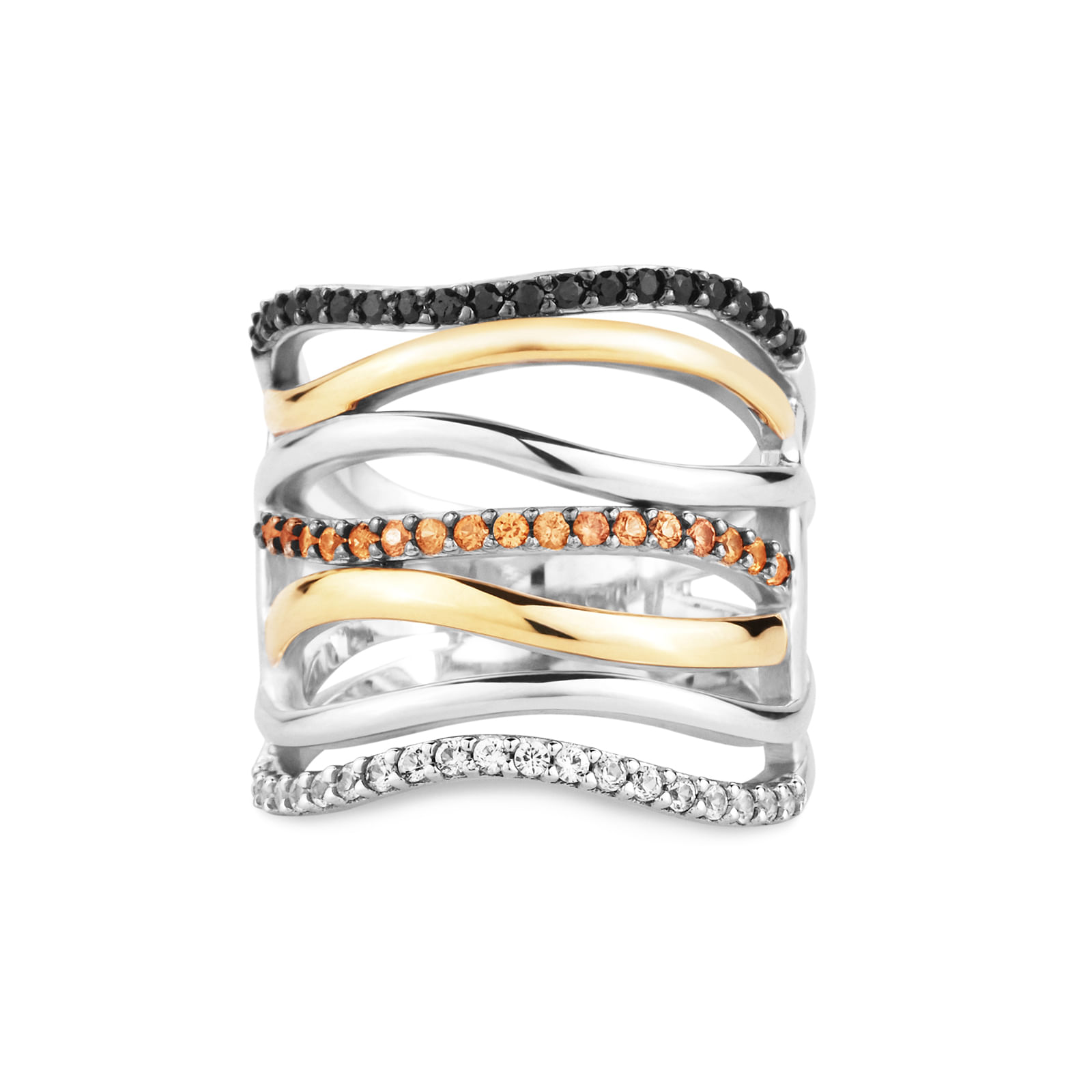 Anel Palace em Prata 925 e Ouro Amarelo 18k com Safira Incolor, Negra e Laranja