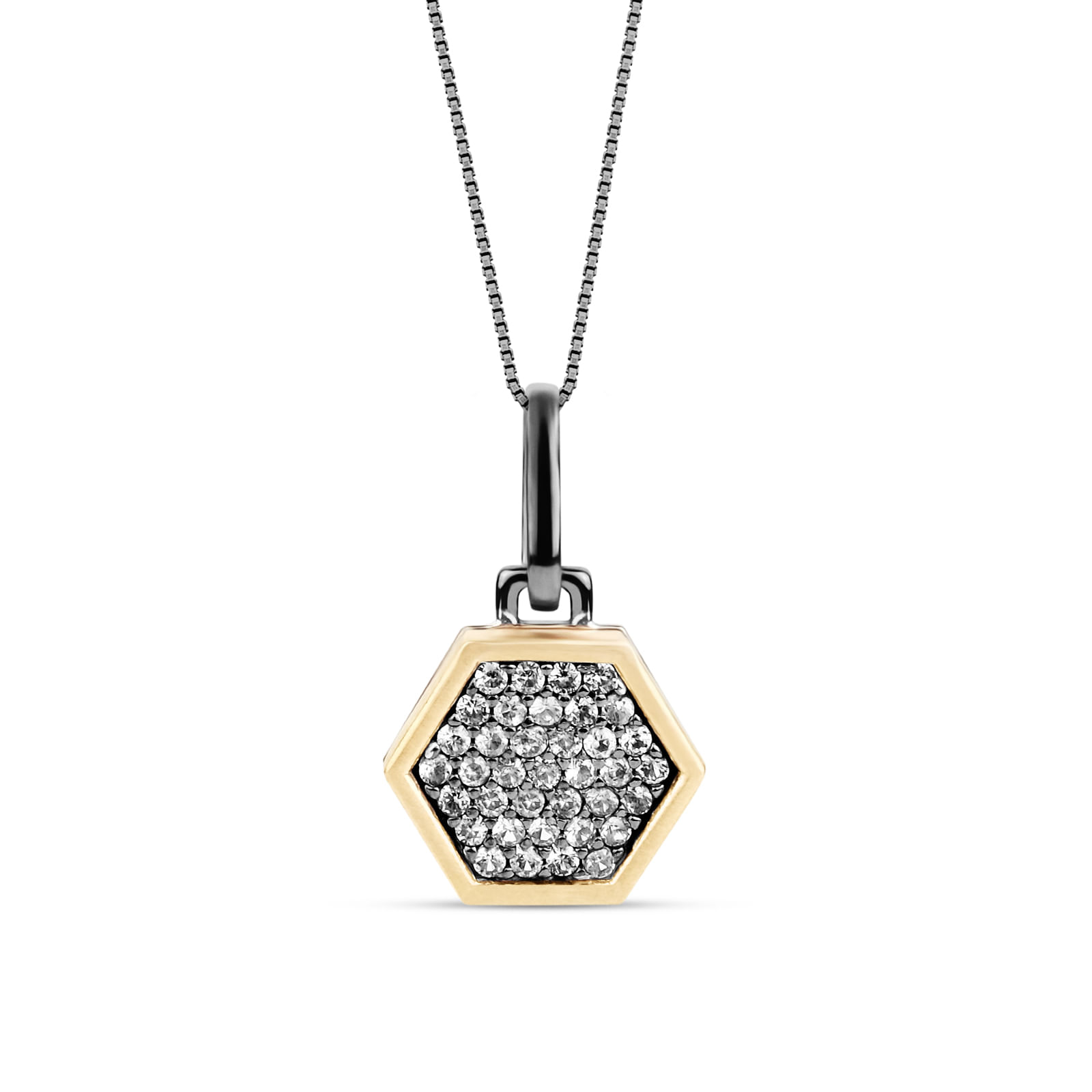 Pingente Brave Masculino em Ouro Amarelo e Prata Banho de Ródio Negro e Safira Incolor
