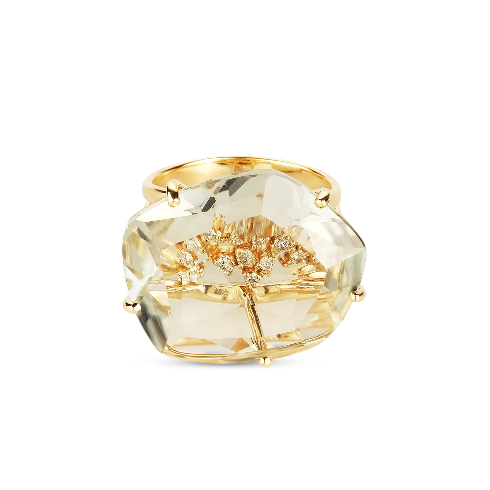 Anel Malva em Ouro Amarelo 18k com Prasiolita e Diamantes