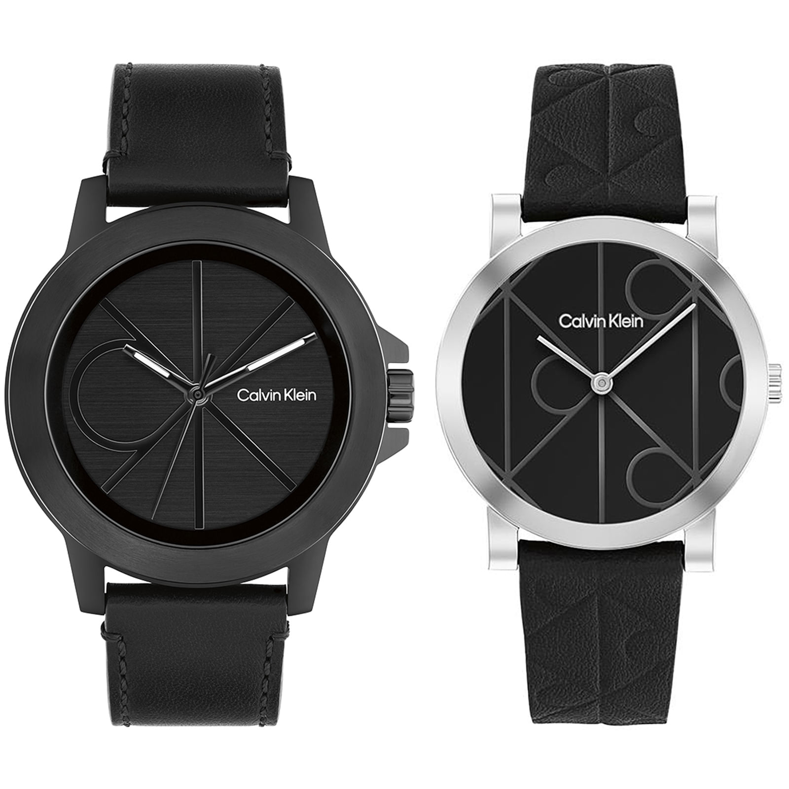 Kit Presenteável - Relógios Calvin Klein Masculino e Feminino em Couro Preto