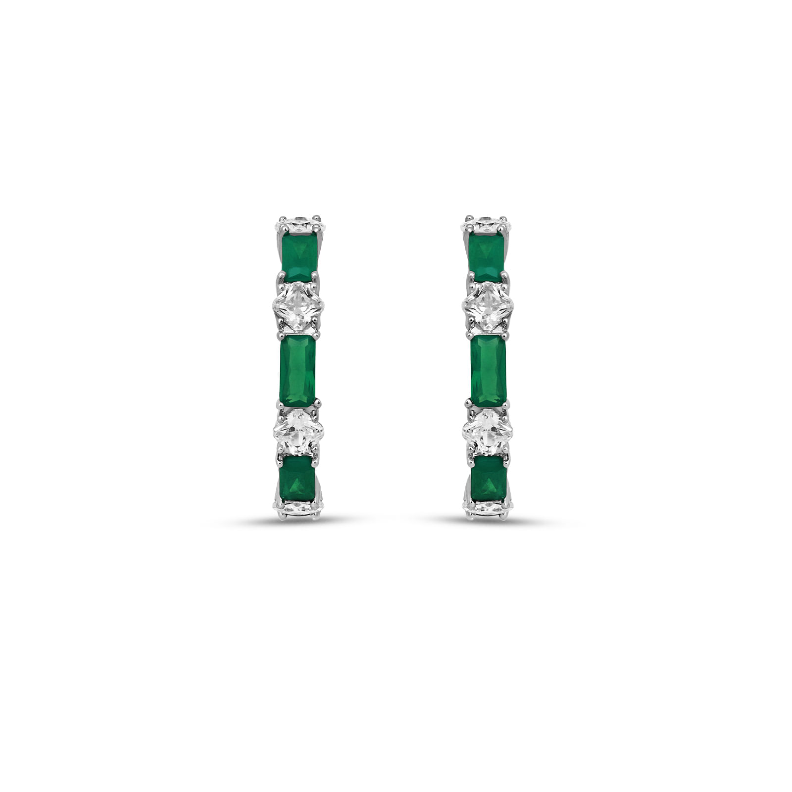 Brinco Argola Life Geo Colors em Prata 925 com Zircônia Incolor e Verde Escuro, 25mm