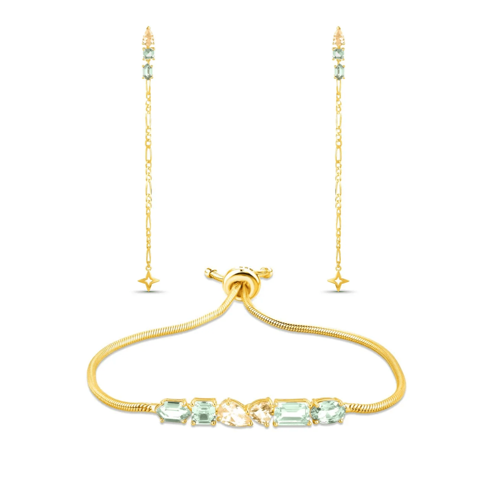 Kit Life Bellini Brinco + Pulseira em Prata 925 com Banho de Ouro 18K e Zircônia Verde