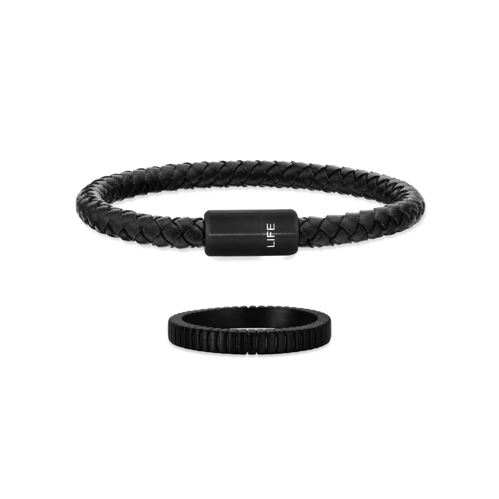 Kit Life Masculino Anel + Pulseira em Couro Preto e Aço Preto