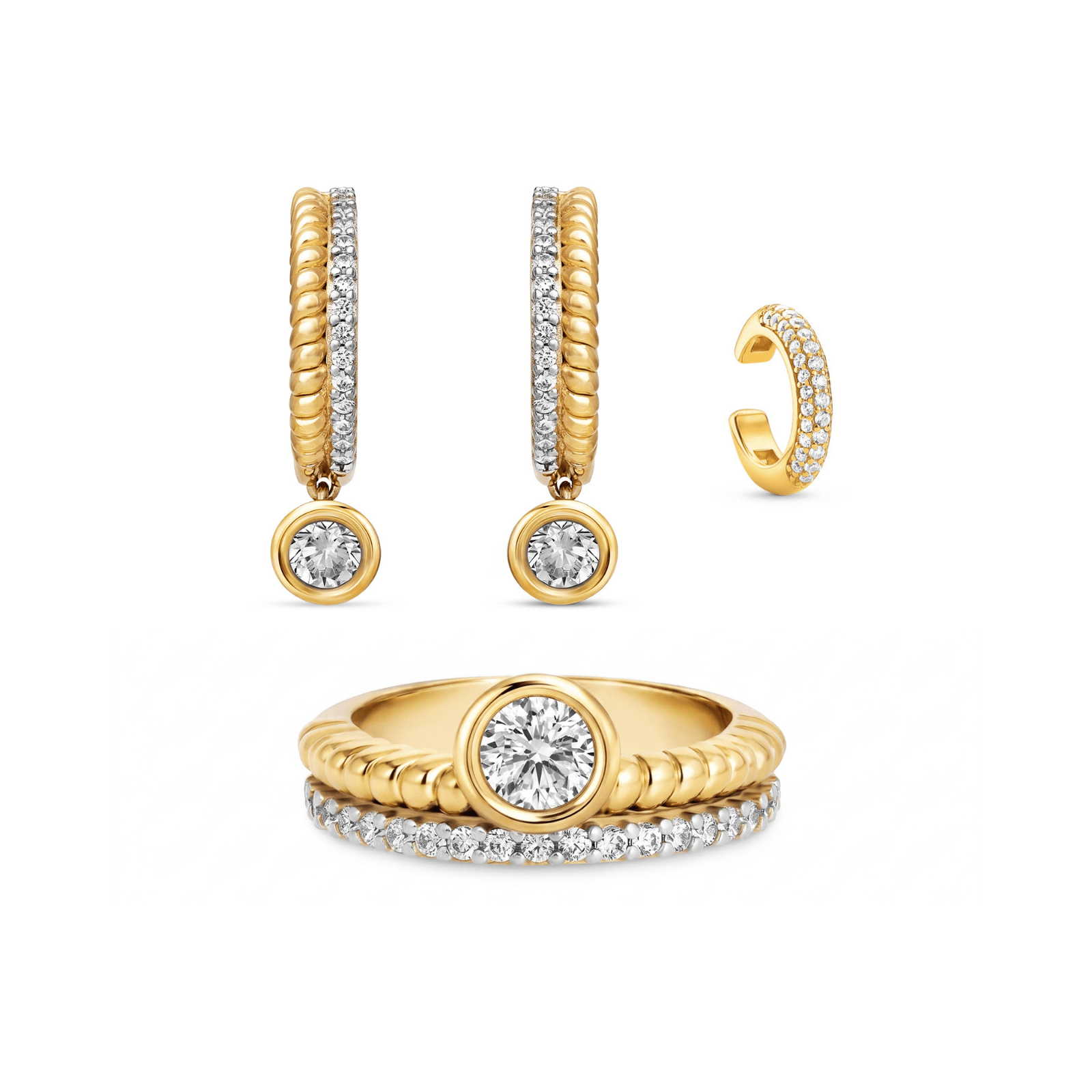 Kit Life Lunar Anel + Brinco e Piercing em Prata 925 com Banho de Ouro Amarelo 18K e Zircônia Incolor