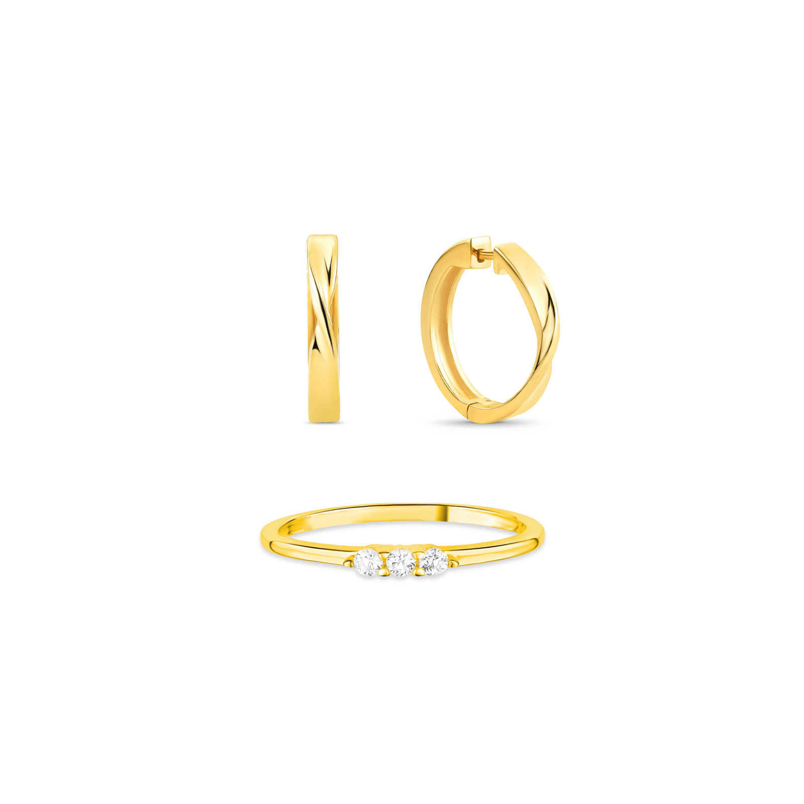 Kit Life Anel + Brinco em Prata 925 com Banho de Ouro Amarelo 18K e Zircônia Incolor