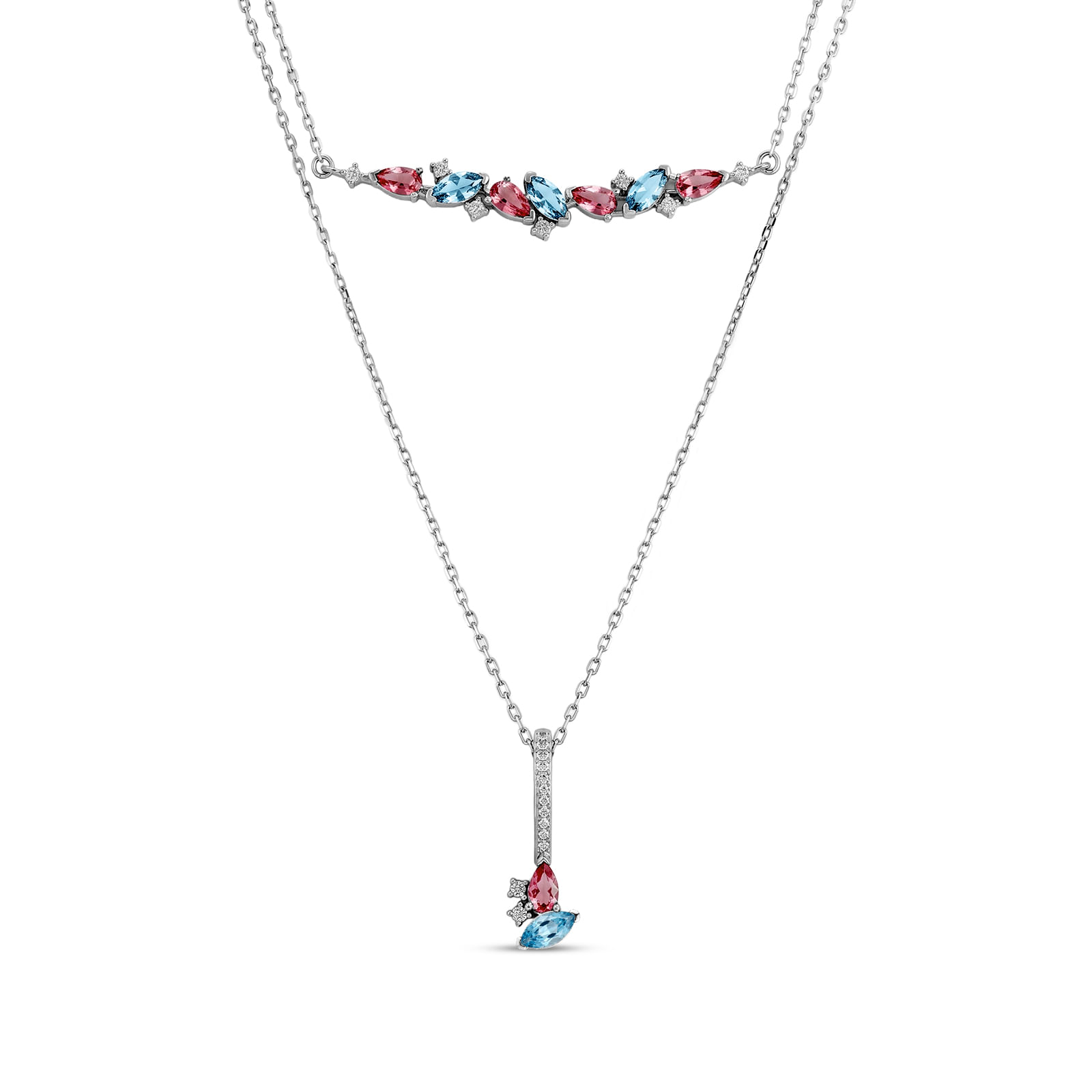 Colar Life Éden em Prata 925 com Zircônia Azul,Rosa e Incolor 55cm
