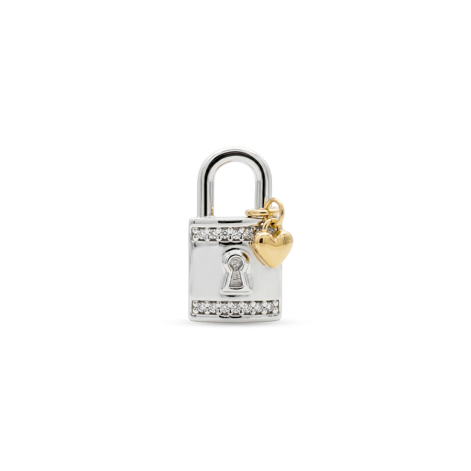 Pingente Cadeado em Prata 925 e Ouro Amarelo 18K com Safira Incolor