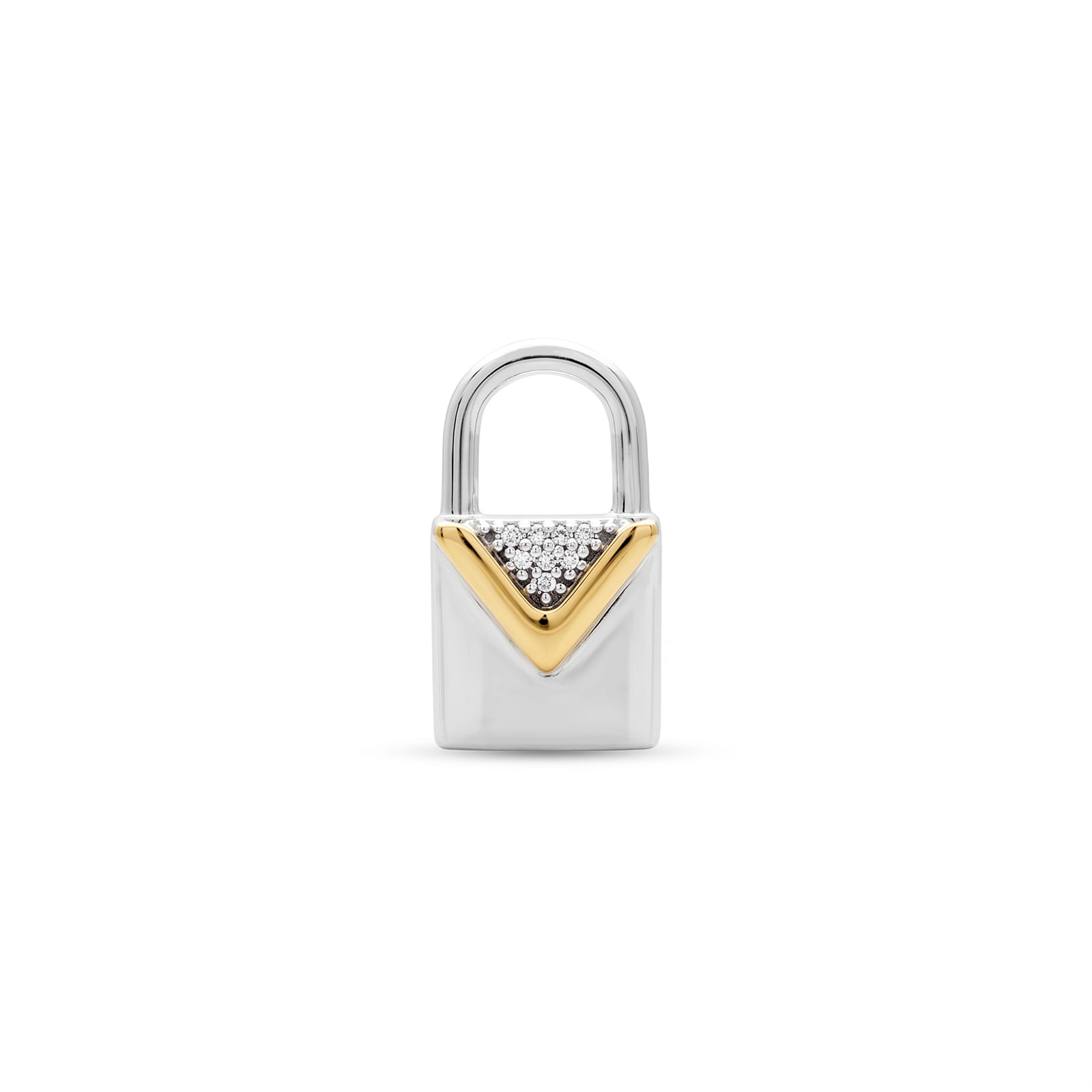 Pingente Cadeado em Prata 925 e Ouro Amarelo 18K com Safira Incolor