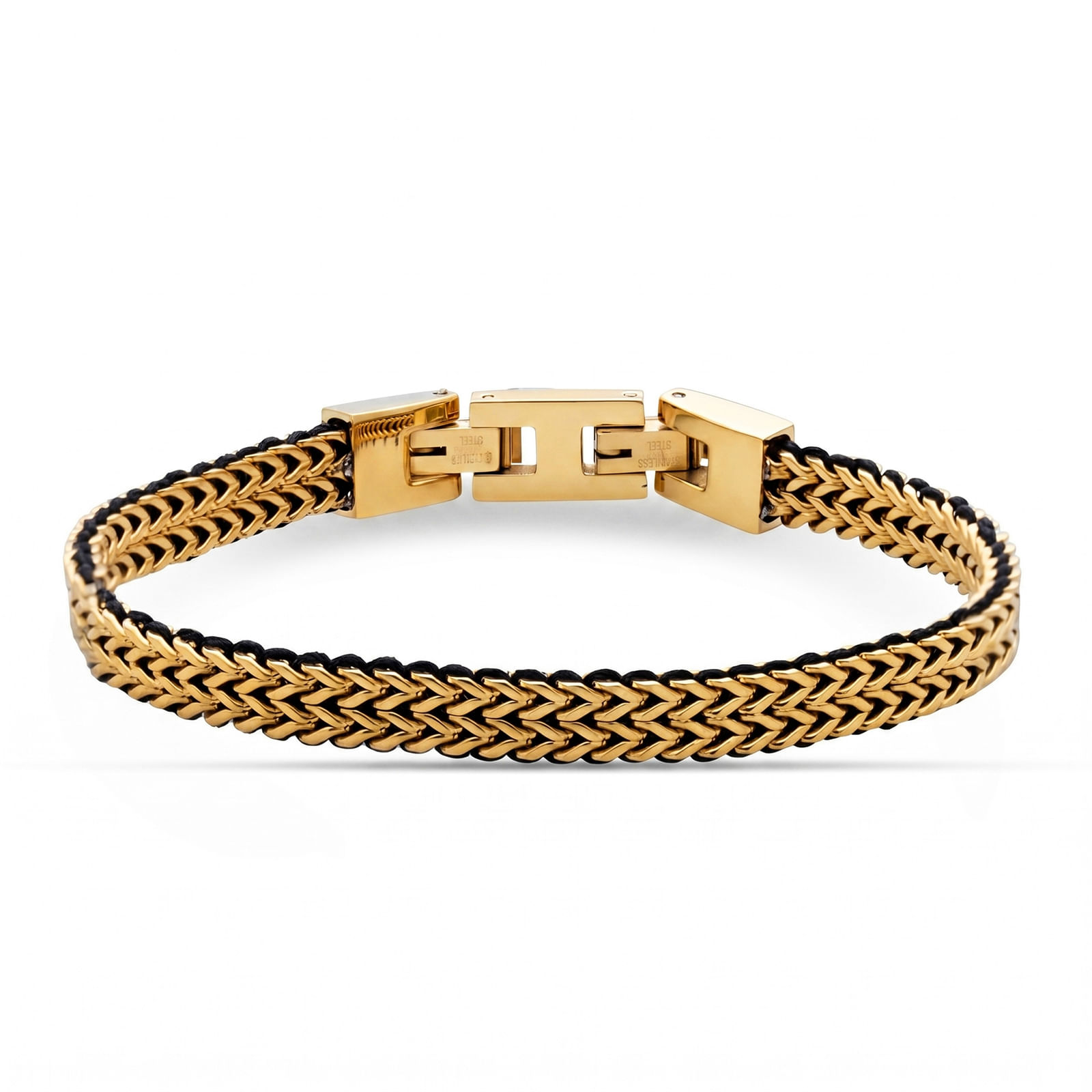 Bracelete Masculino em Aço Dourado e Corda Preta