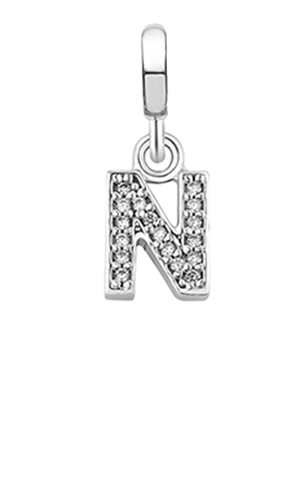 Pingente Life Letra N em Prata 925 com Pedras Incolores