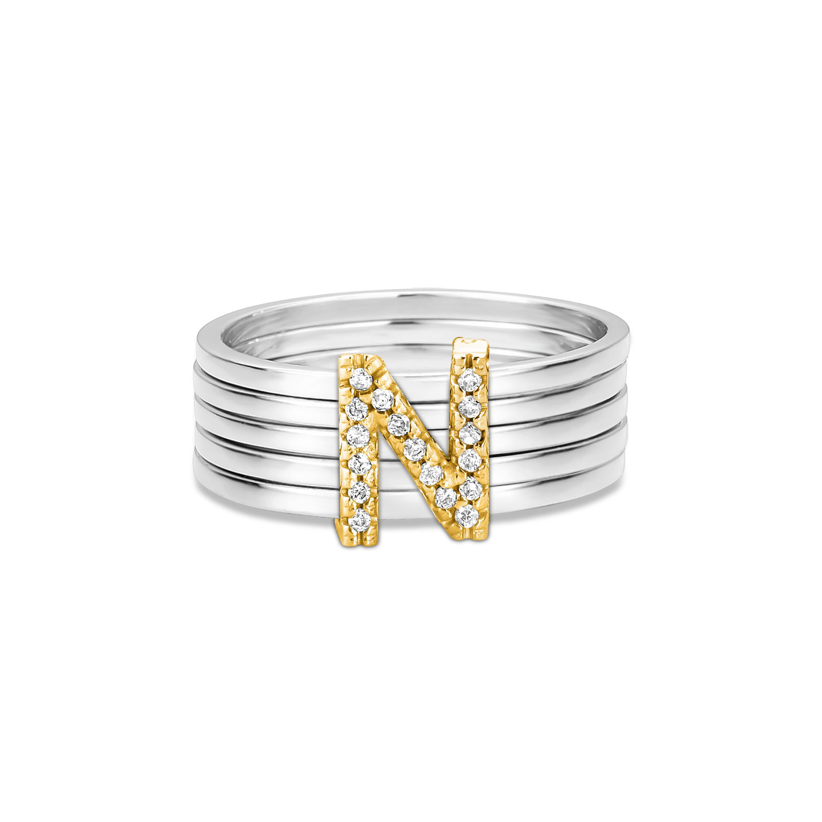 Anel Letra N em Prata 925 e Ouro Amarelo 18k com Diamantes 0.07 ct
