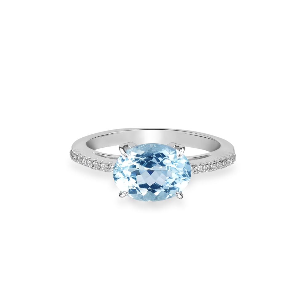 Anel Essenza em Ouro Branco 18k com Água Marinha e Diamantes