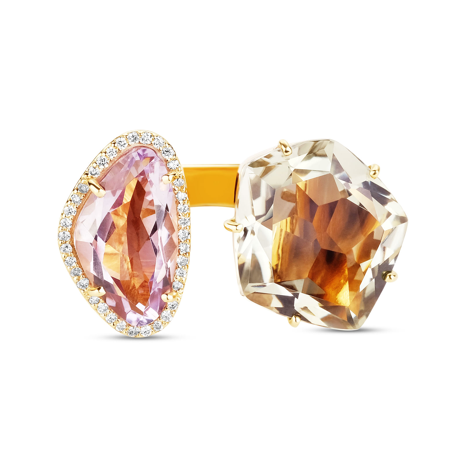 Anel Coloris em Ouro Amarelo 18k com Ametista Rosa e Prasiolita