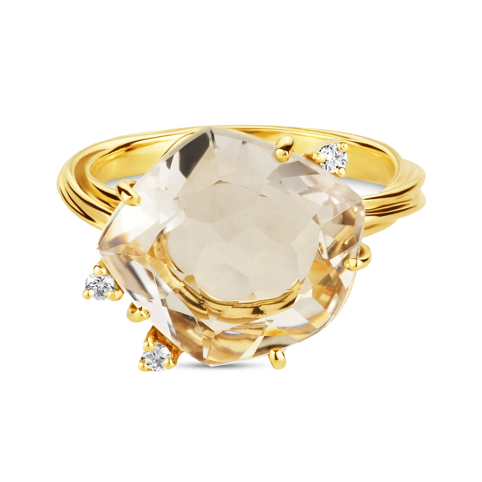 Anel Fluora em Ouro Amarelo 18k com Prasiolita e Diamantes