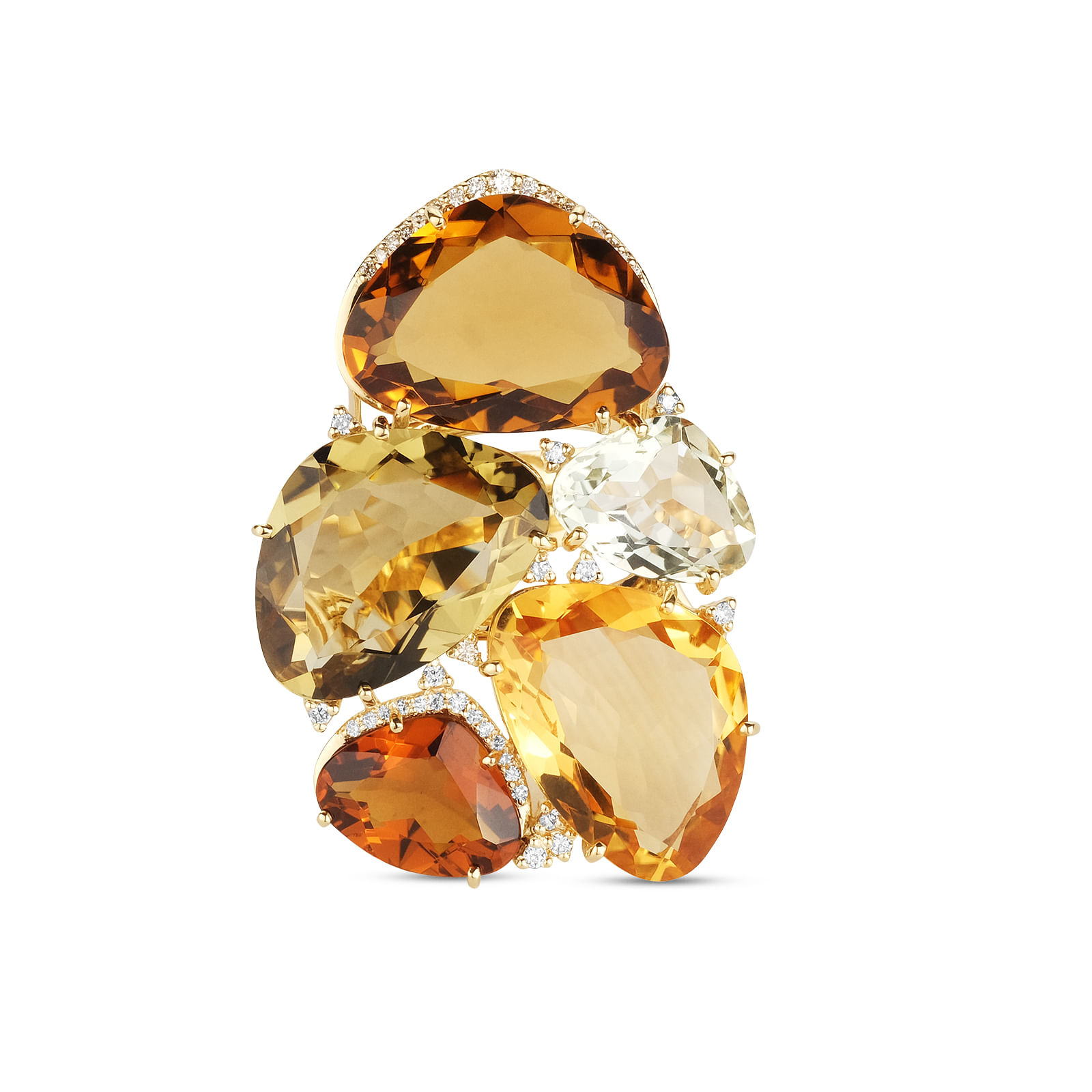 Anel Oliva em Ouro Amarelo 18k com Citrinos, Prasiolitas, Quartzos e Diamantes