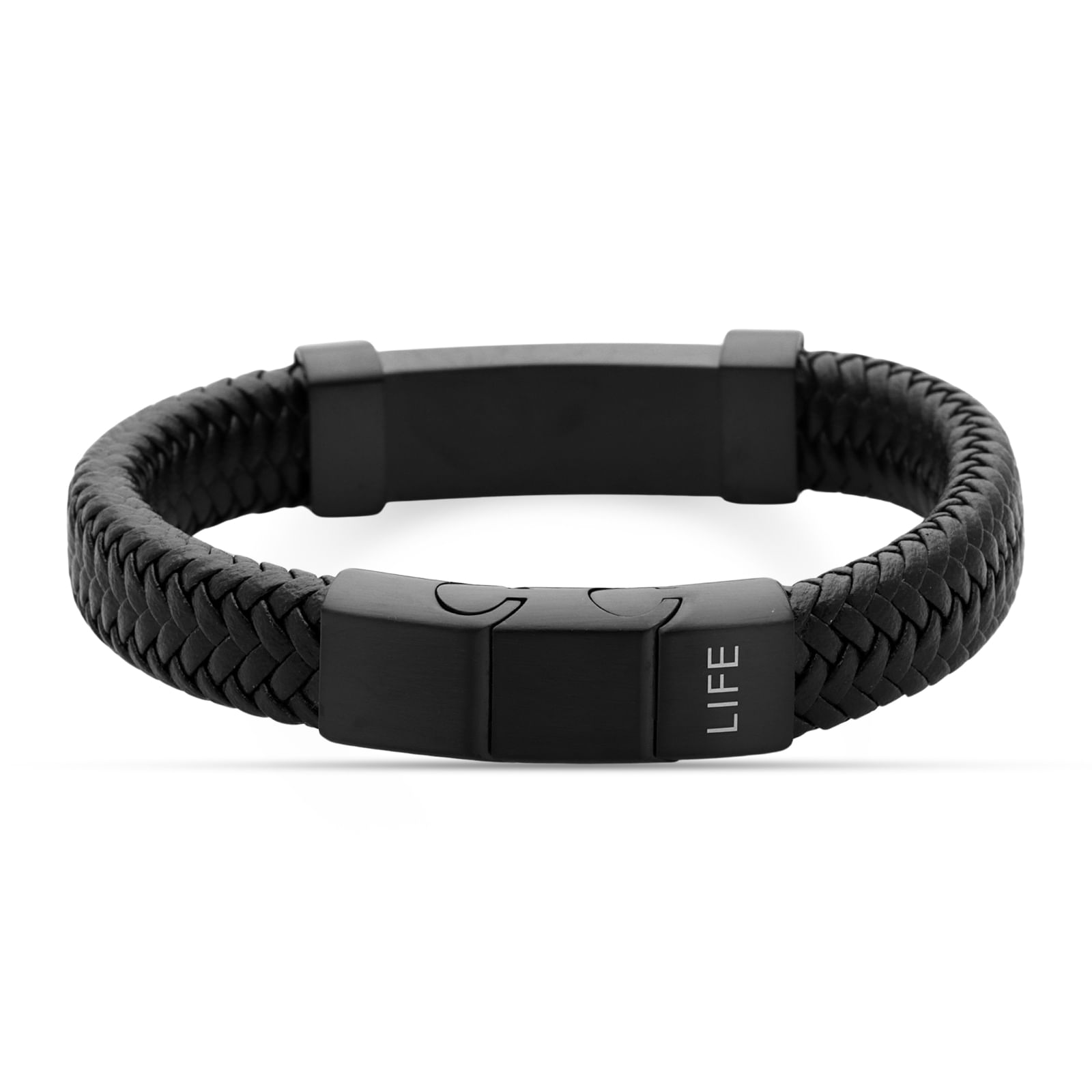 Bracelete Masculino em Aço Preto e Couro