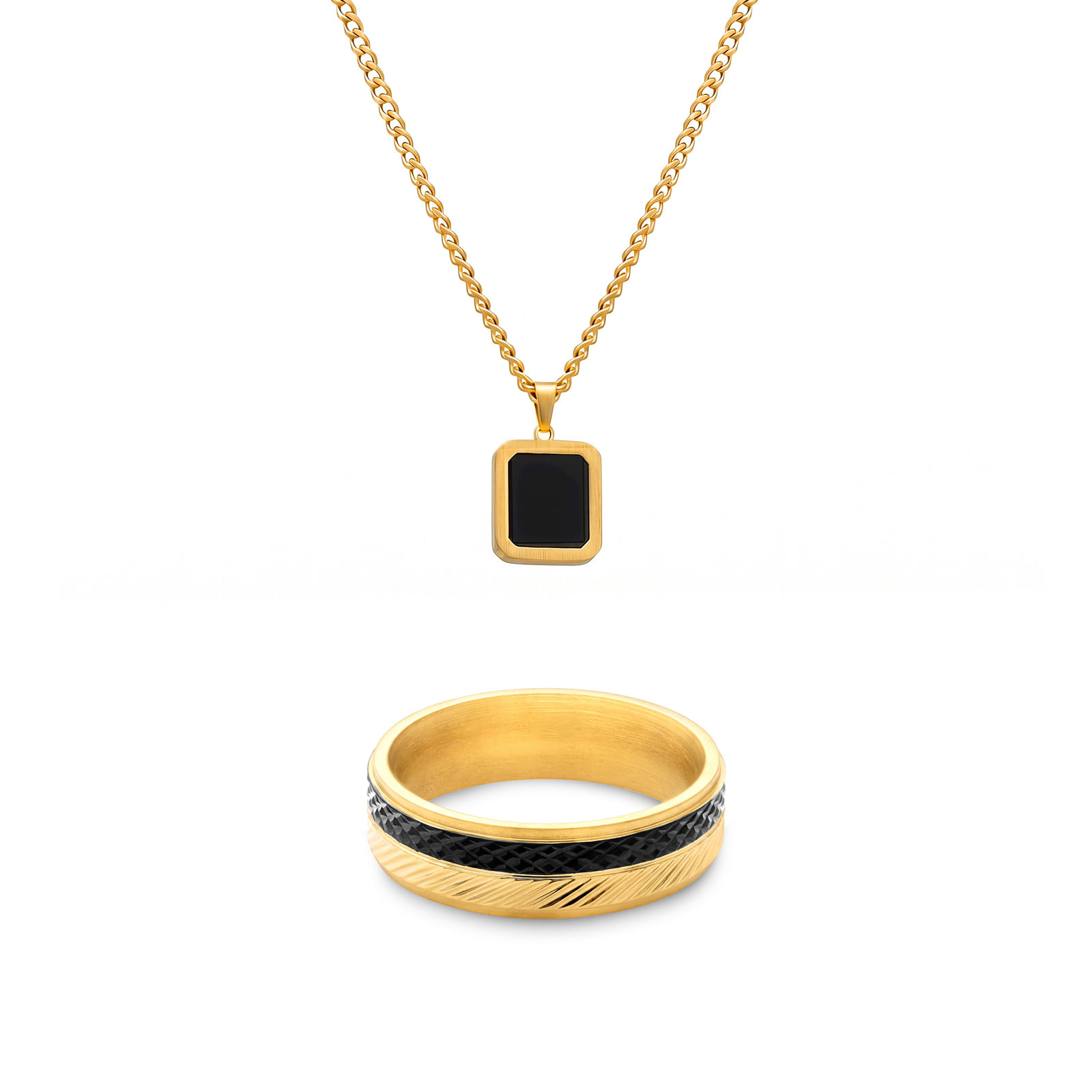 Kit Life Masculino Anel + Colar em Aço Dourado com Ágata Preta