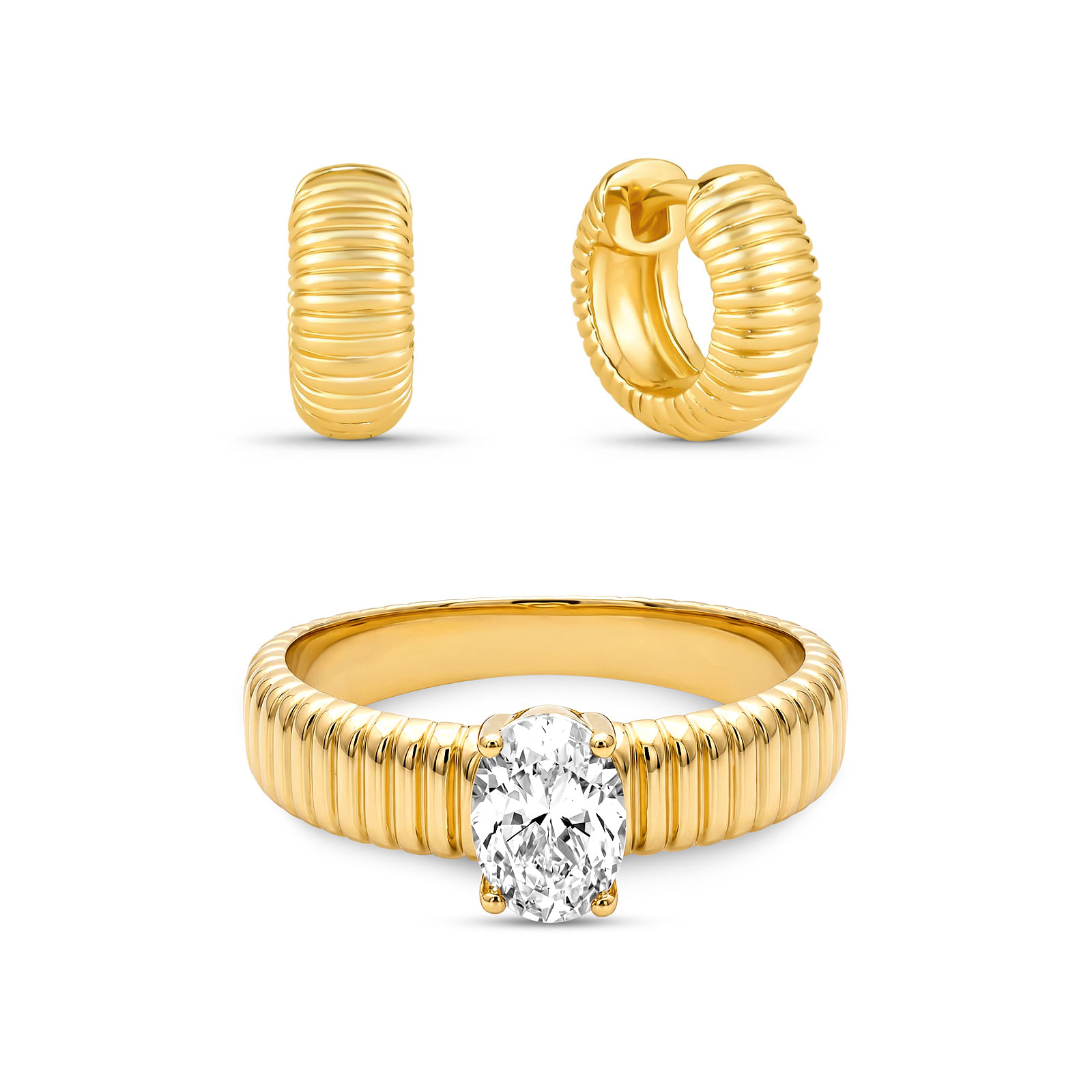 Kit Life Brinco + Solitário em Prata 925 com Banho de Ouro Amarelo 18K e Zircônia Incolor