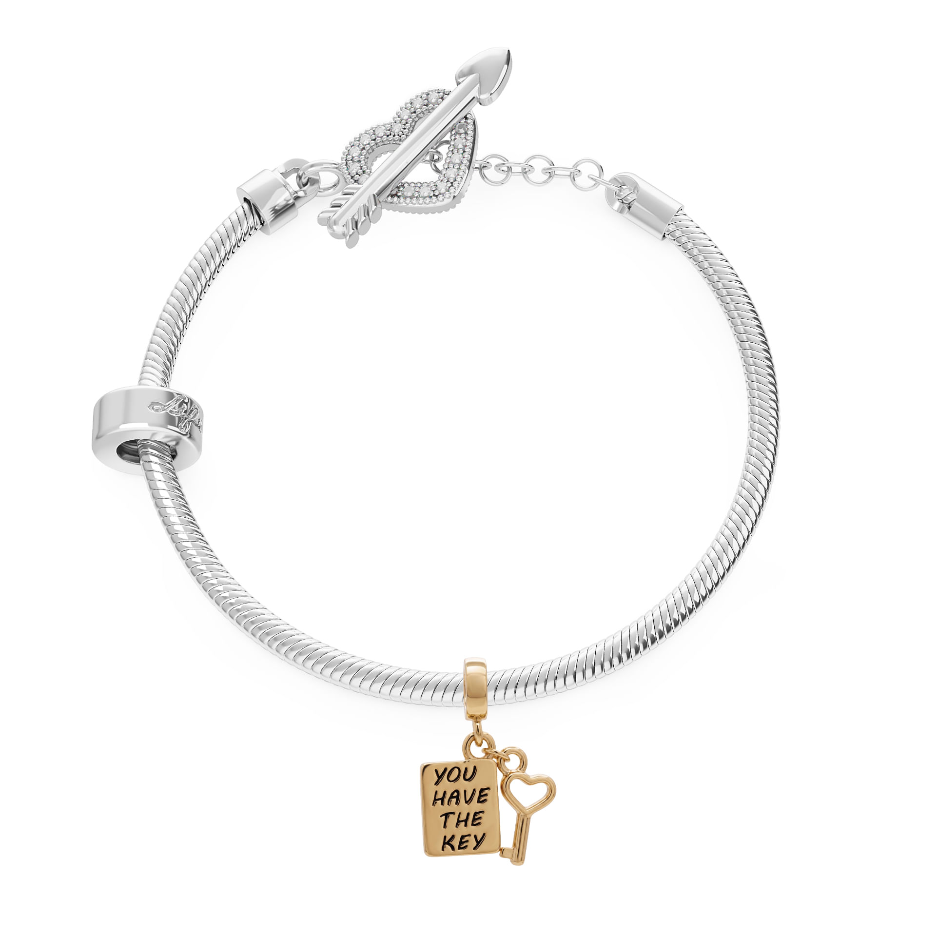 Kit Life Pulseira Coração e Flexa + Berloque Chave em Prata 925 com Banho de Ouro 18K